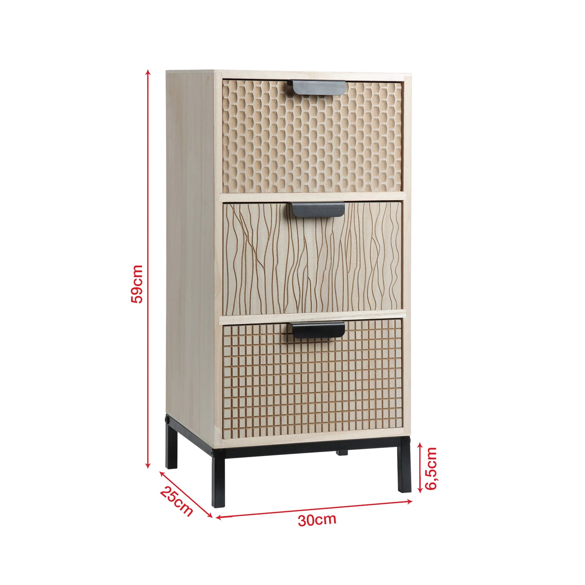 Parkia - Comodino in legno e metallo con 3 cassetti intagliati