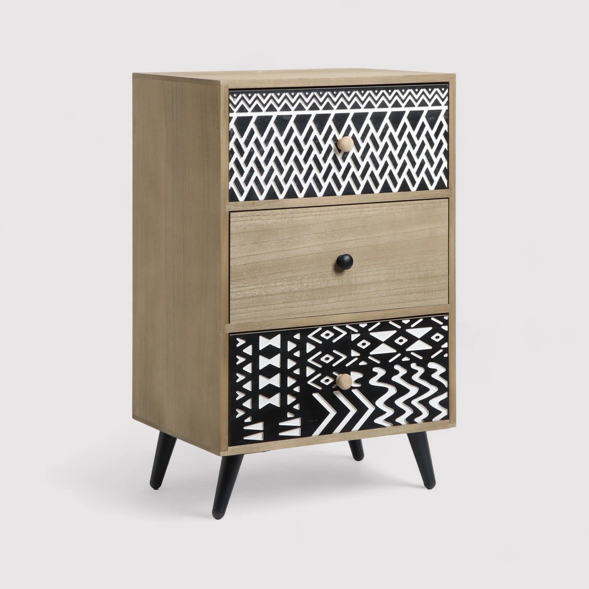 Guduchi - Comodino con 3 cassetti incisi marrone e nero