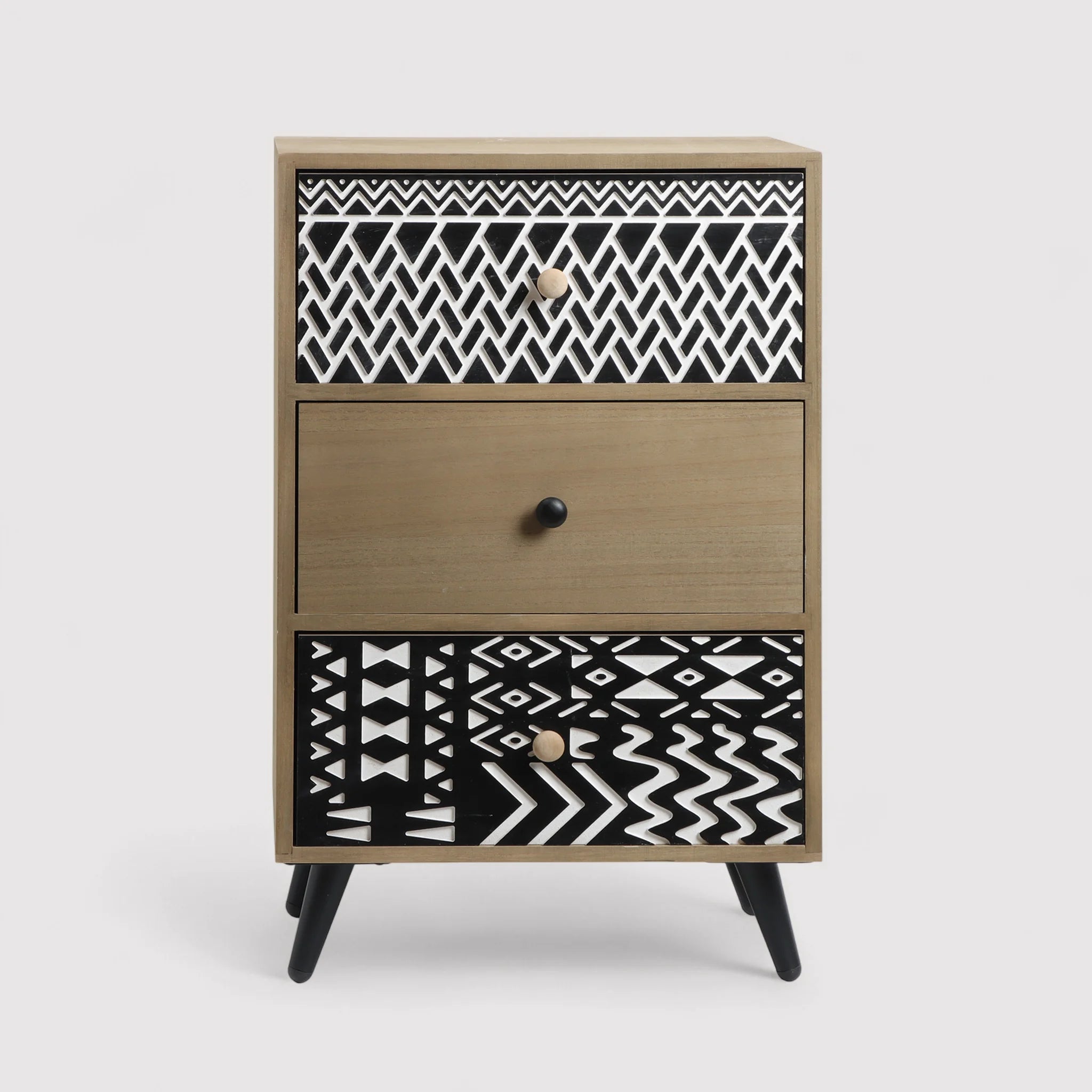 Guduchi - Comodino con 3 cassetti incisi marrone e nero