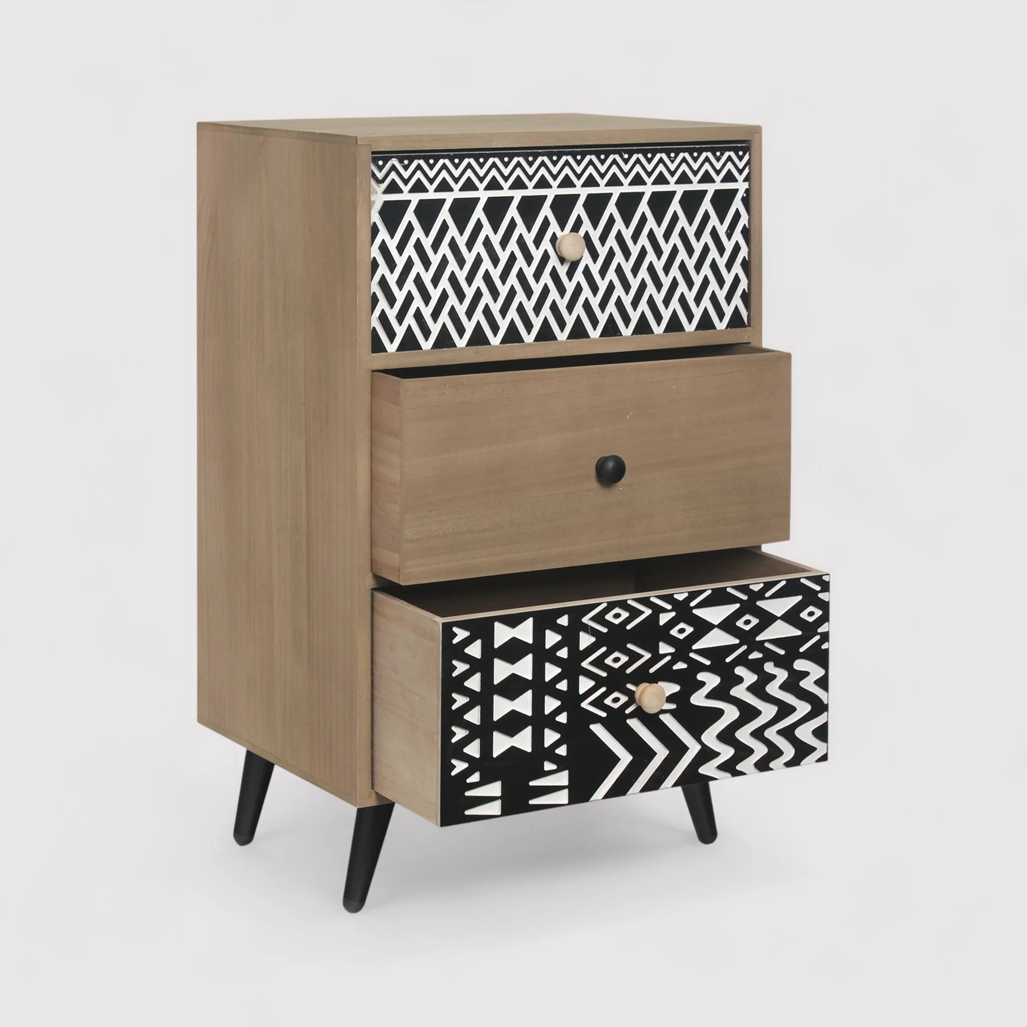 Guduchi - Comodino con 3 cassetti incisi marrone e nero