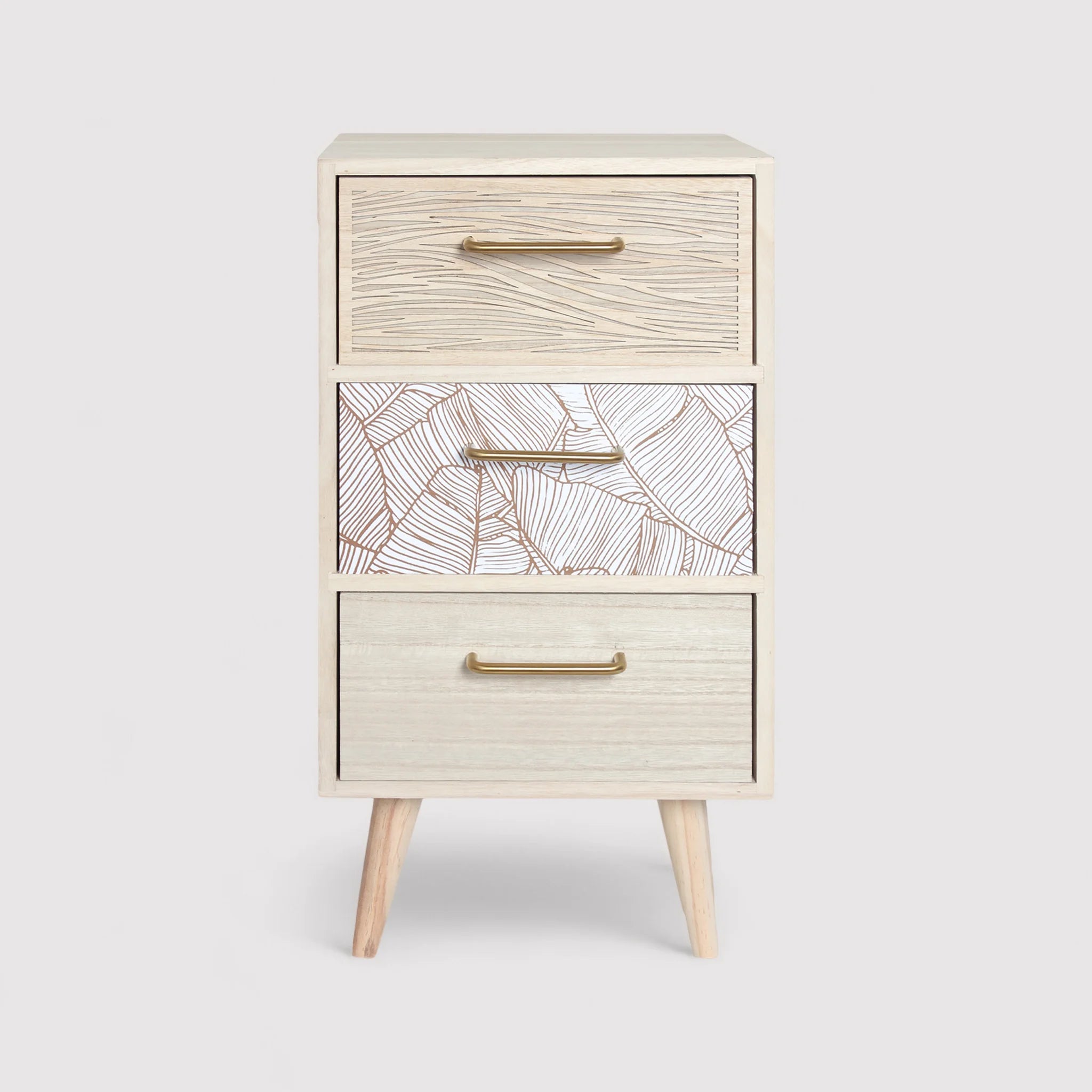 Chayote - Comodino in stile boho con 3 cassetti e piedini