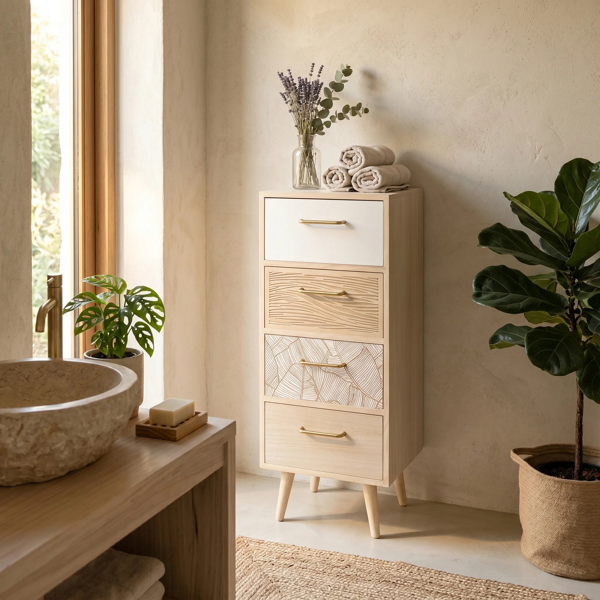 Bixa - Cassettiera per bagno color legno chiaro con 4 cassetti