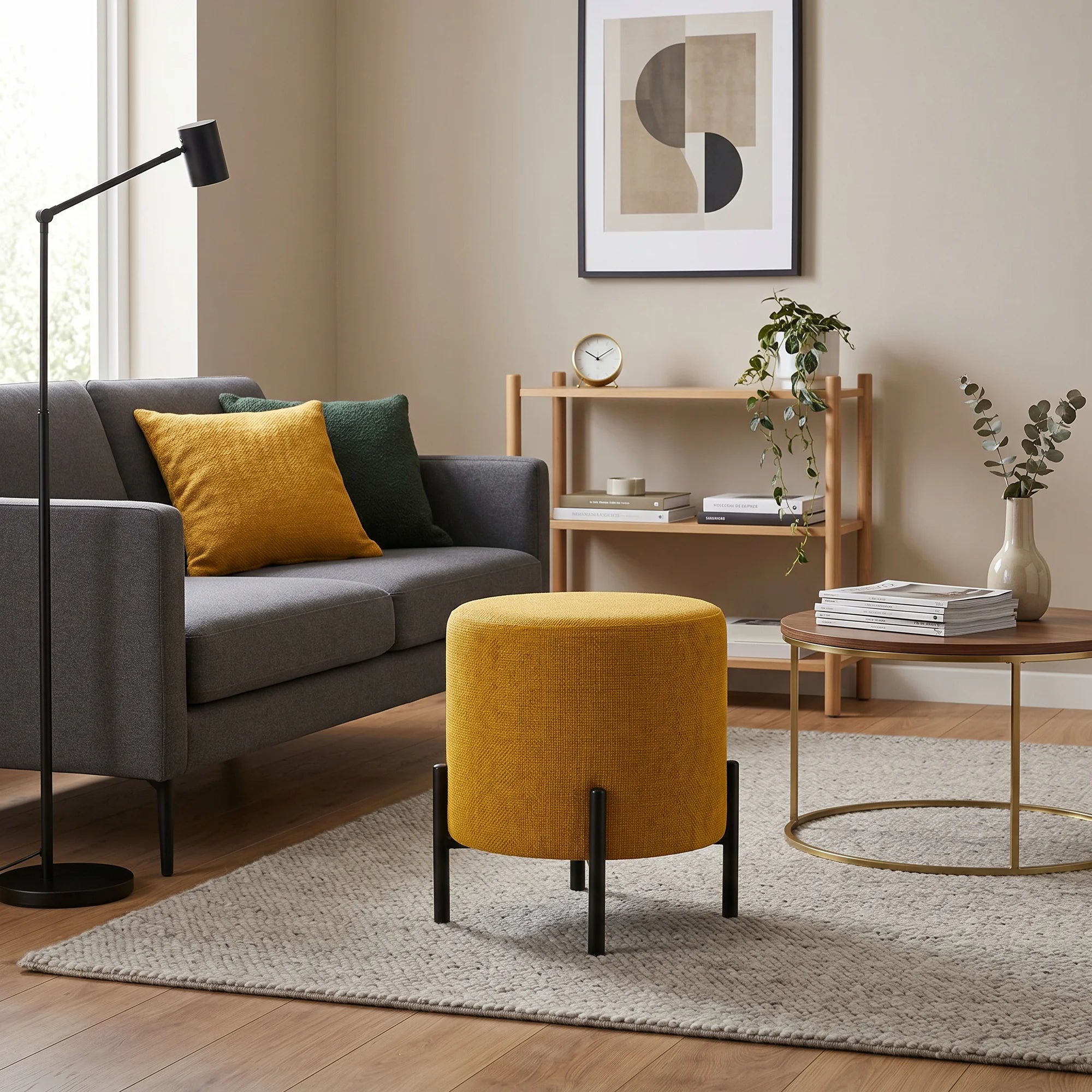 Cerro - Pouf sgabello giallo senape con piedi in acciaio