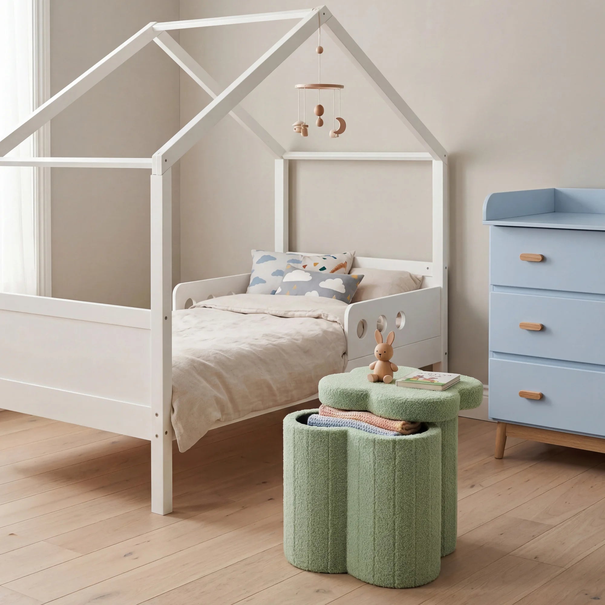 Carob - Foldable green cloud-themed storage pouf