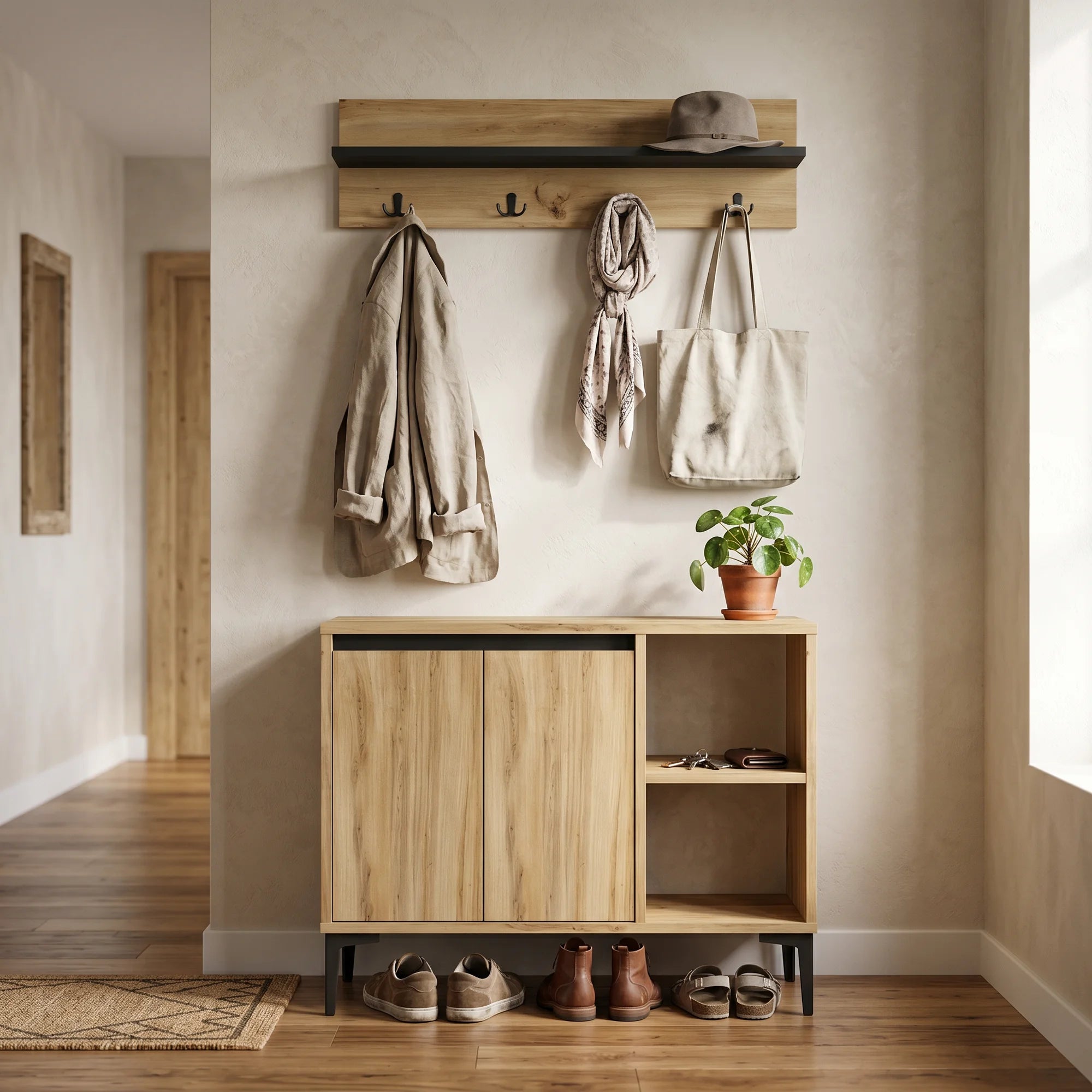 Roka - Set de zapatero de entrada con perchero de pared
