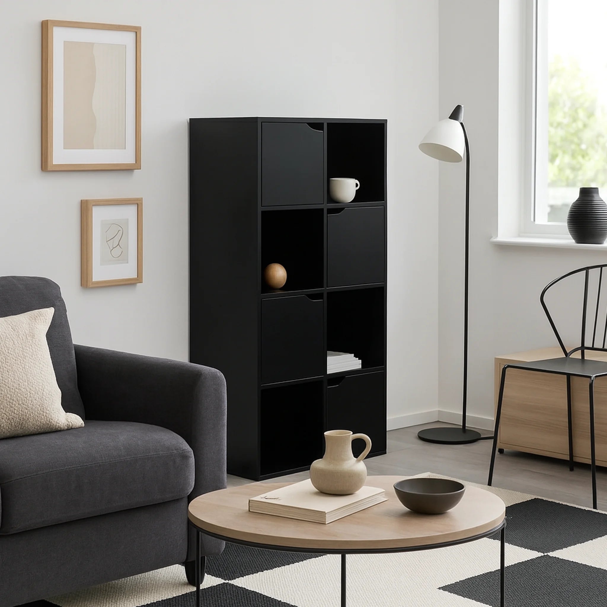 Rofia - Libreria compatta nera con 4 ripiani e 8 scomparti