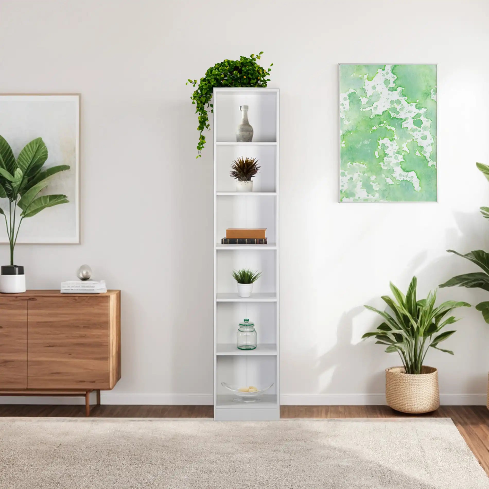 Akras - Libreria alta e stretta bianca con 10 ripiani