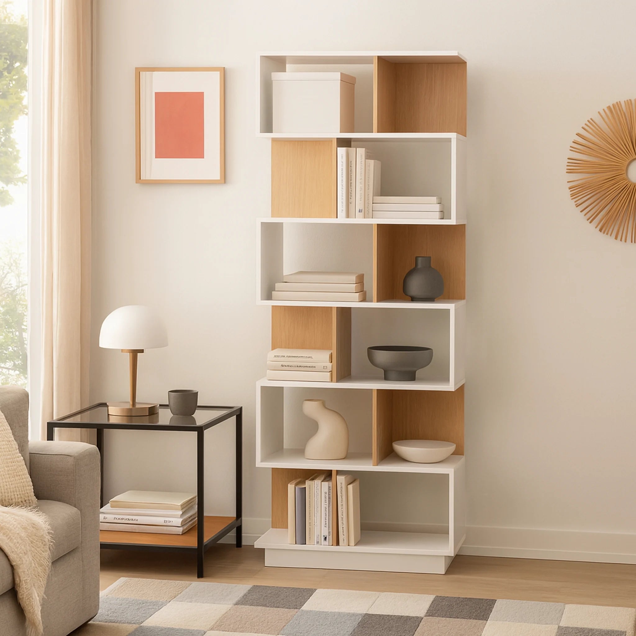 Silene - Libreria verticale bianca con 6 ripiani e 12 vani