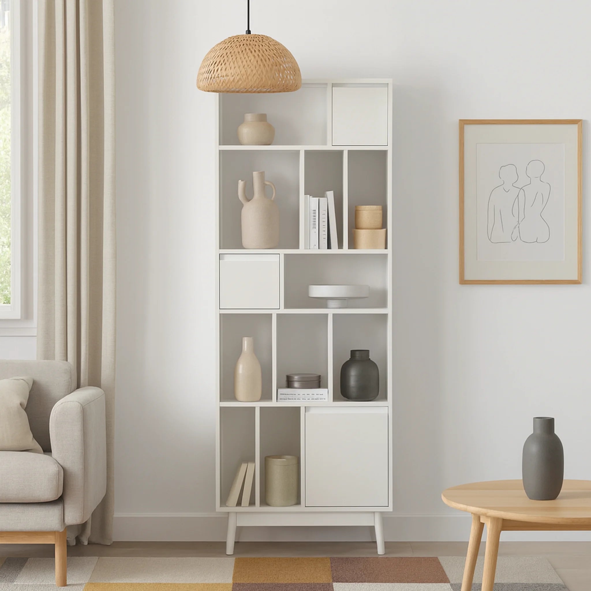 Mawar - Libreria design alta bianca con 5 ripiani e 13 vani