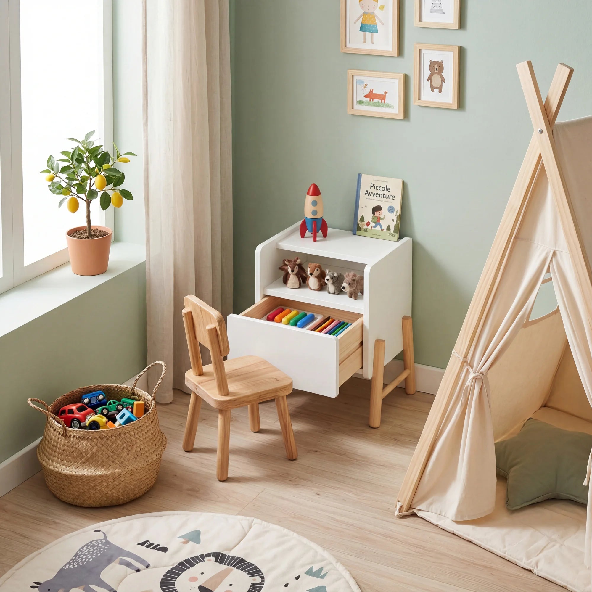 Kelen - Comodino bianco per bambini con 2 ripiani e 1 cassetto