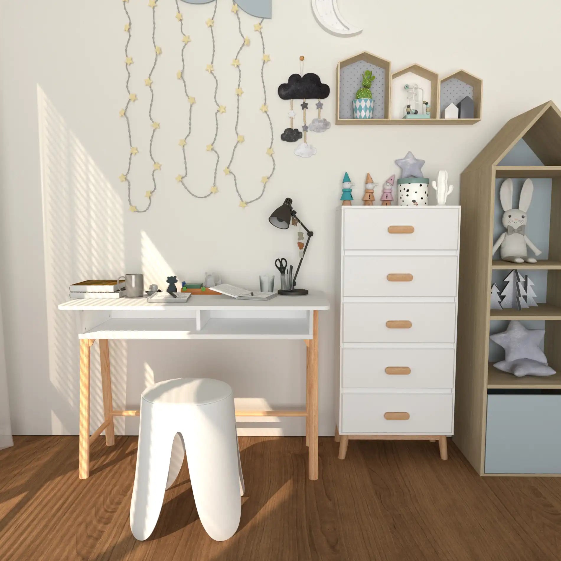 Meryta - Scrivania bianca montessoriana per cameretta con vano