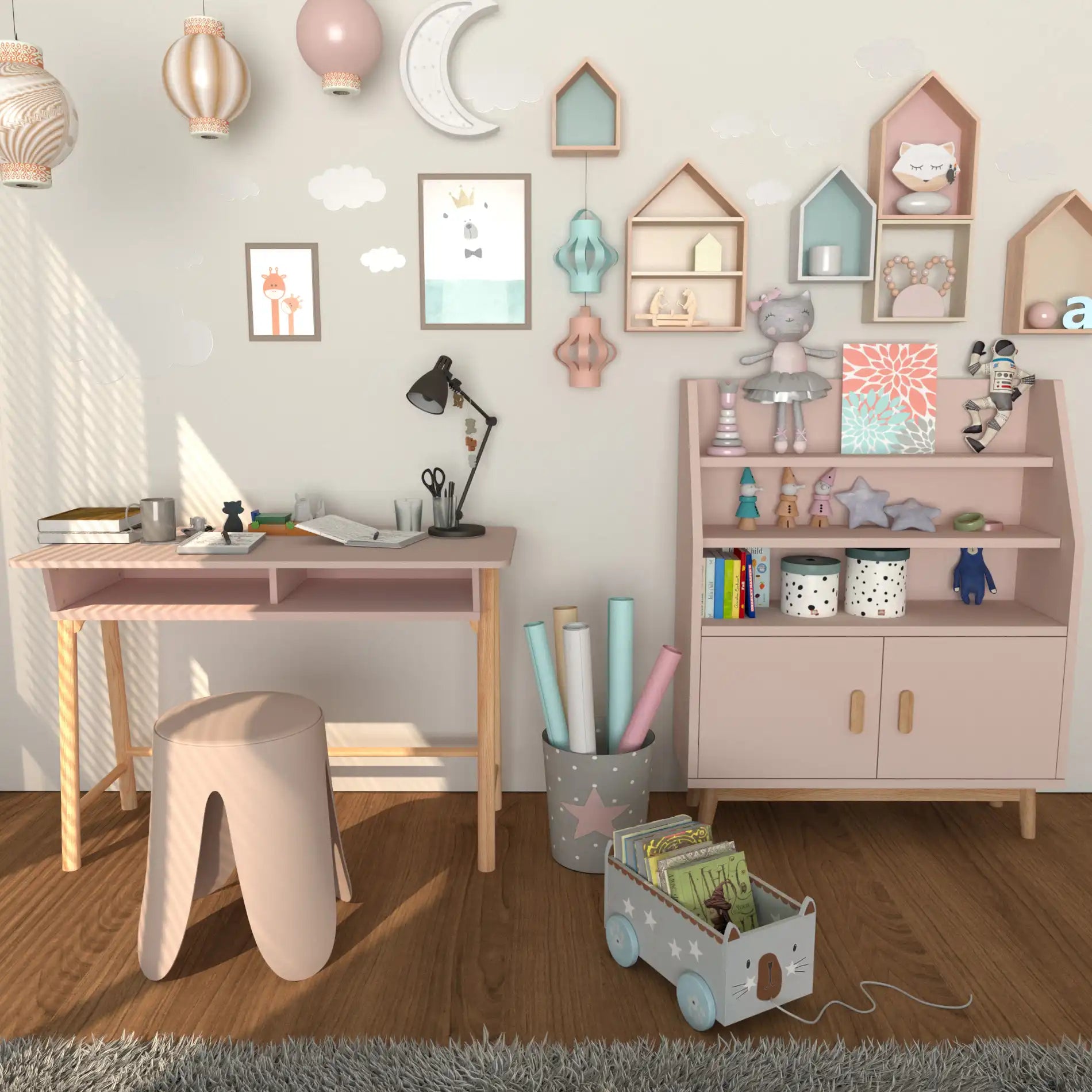 Badal - Scrivania rosa per cameretta con vano contenitore