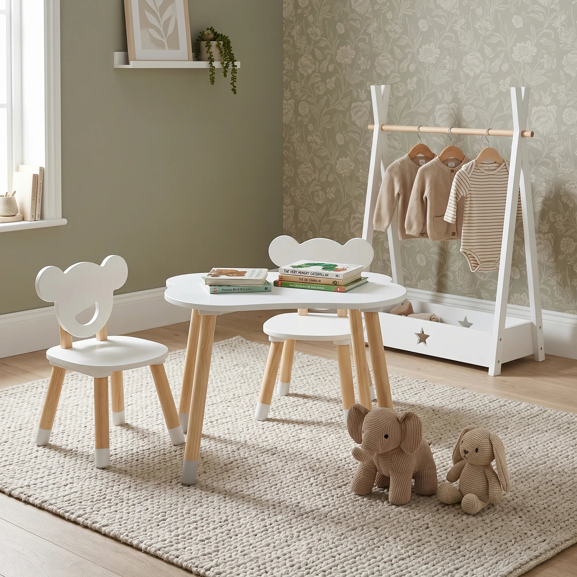 Nefel - Set tavolino per bambini e 2 seggiole bianco e marrone