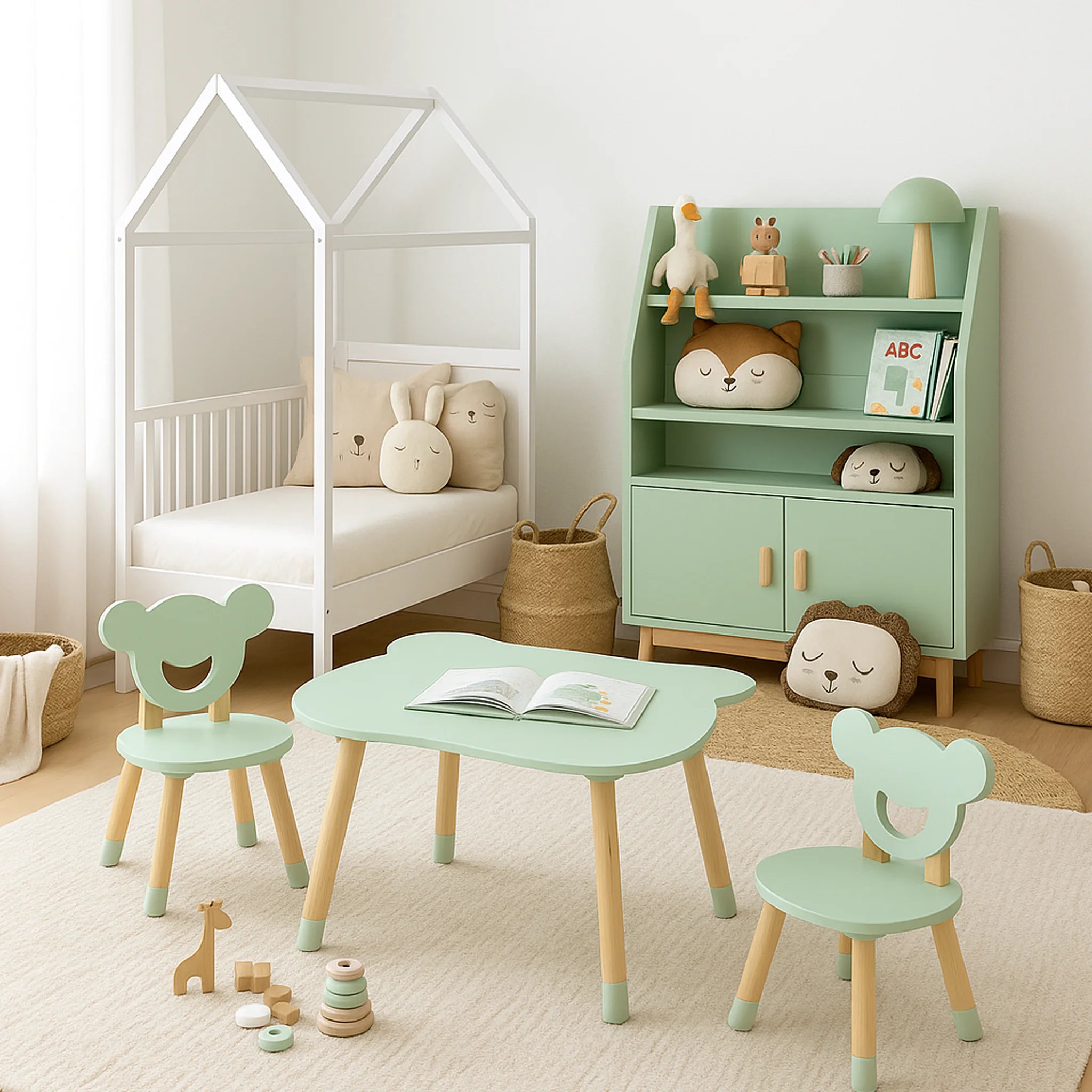 Aniba - Set tavolino e 2 sedie verde e marrone per cameretta