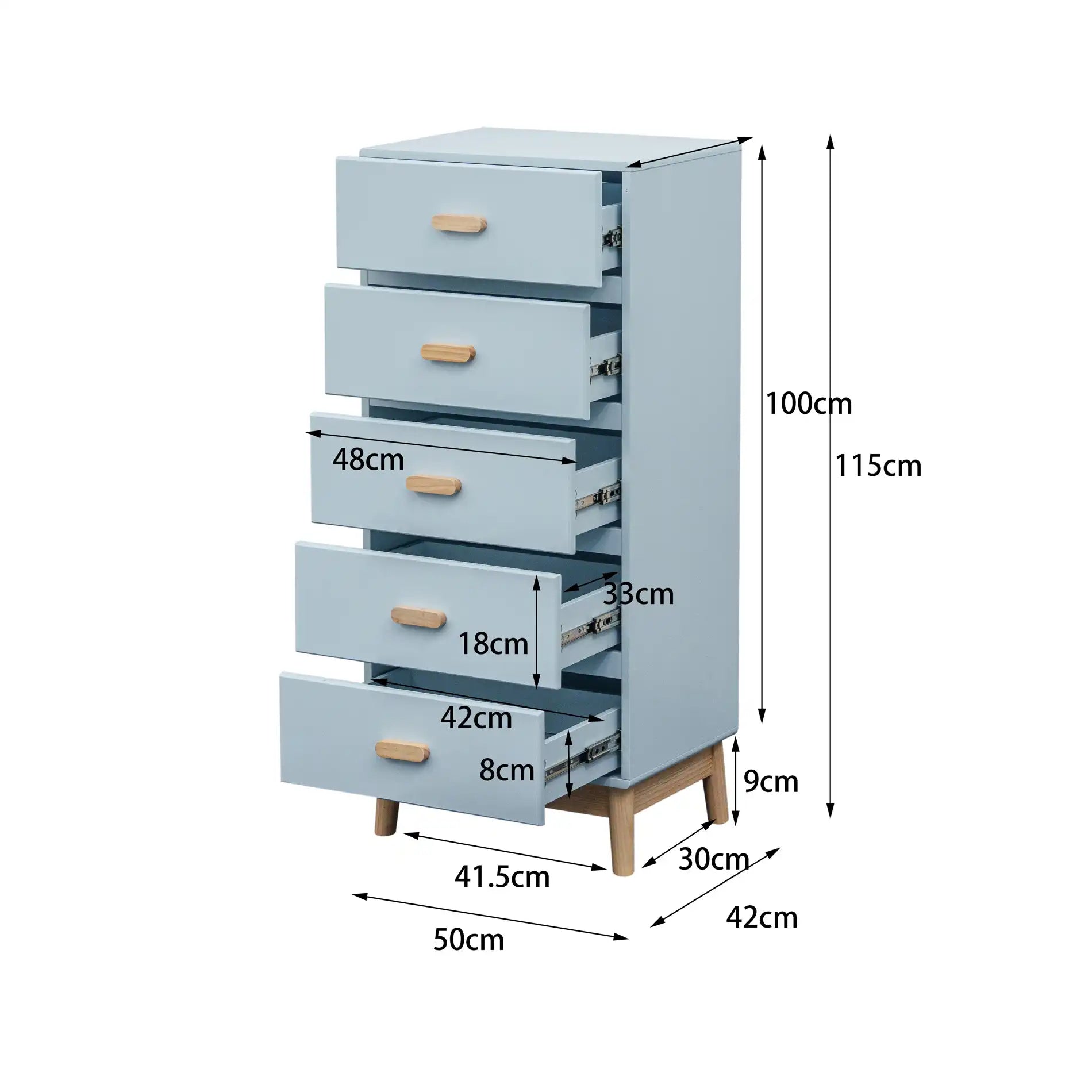 Kuro - Cassettiera per cameretta celeste con 5 cassetti