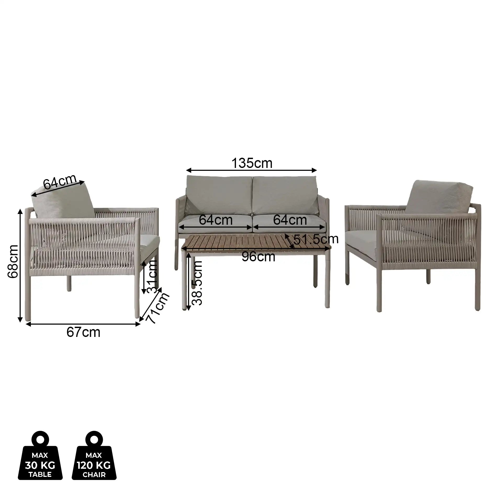 Makopa - Hellgraues Gartenset mit 3 Sesseln und einem Couchtisch