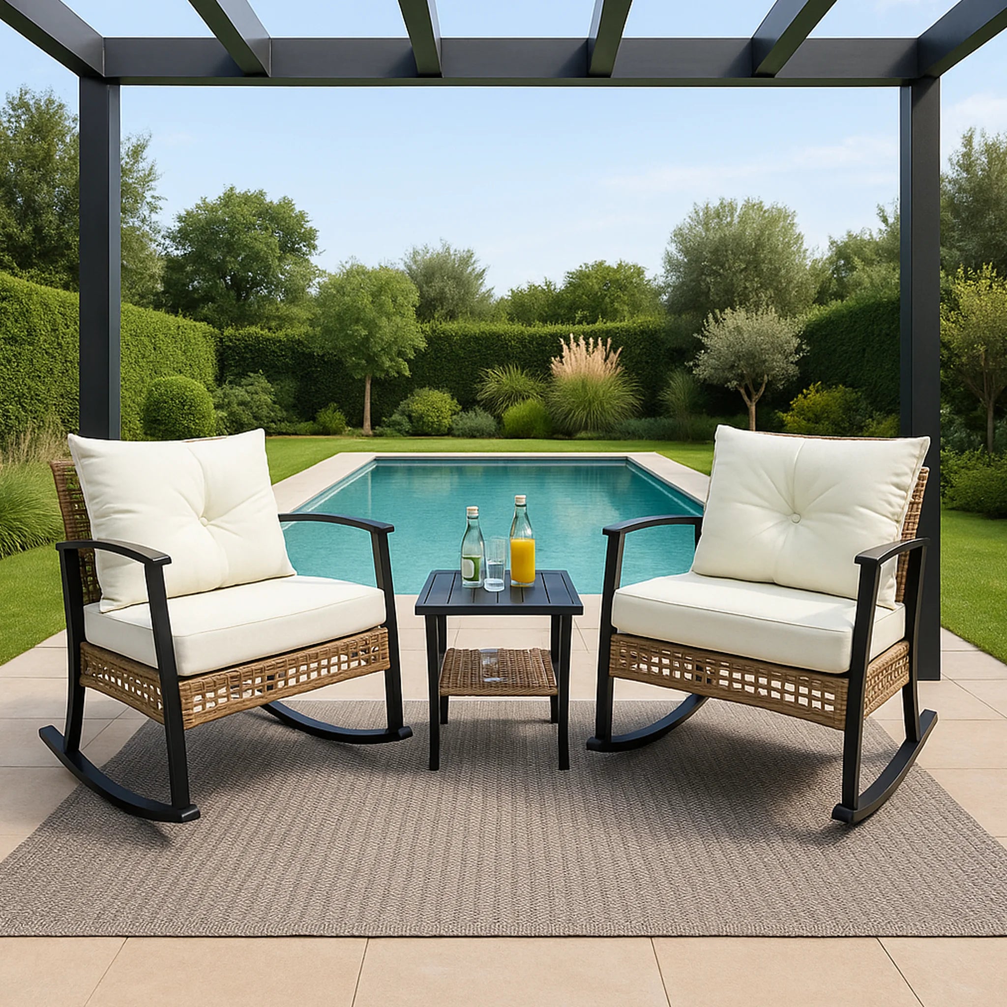 Niangon - Set 2 sedie a dondolo e tavolino da balcone o patio