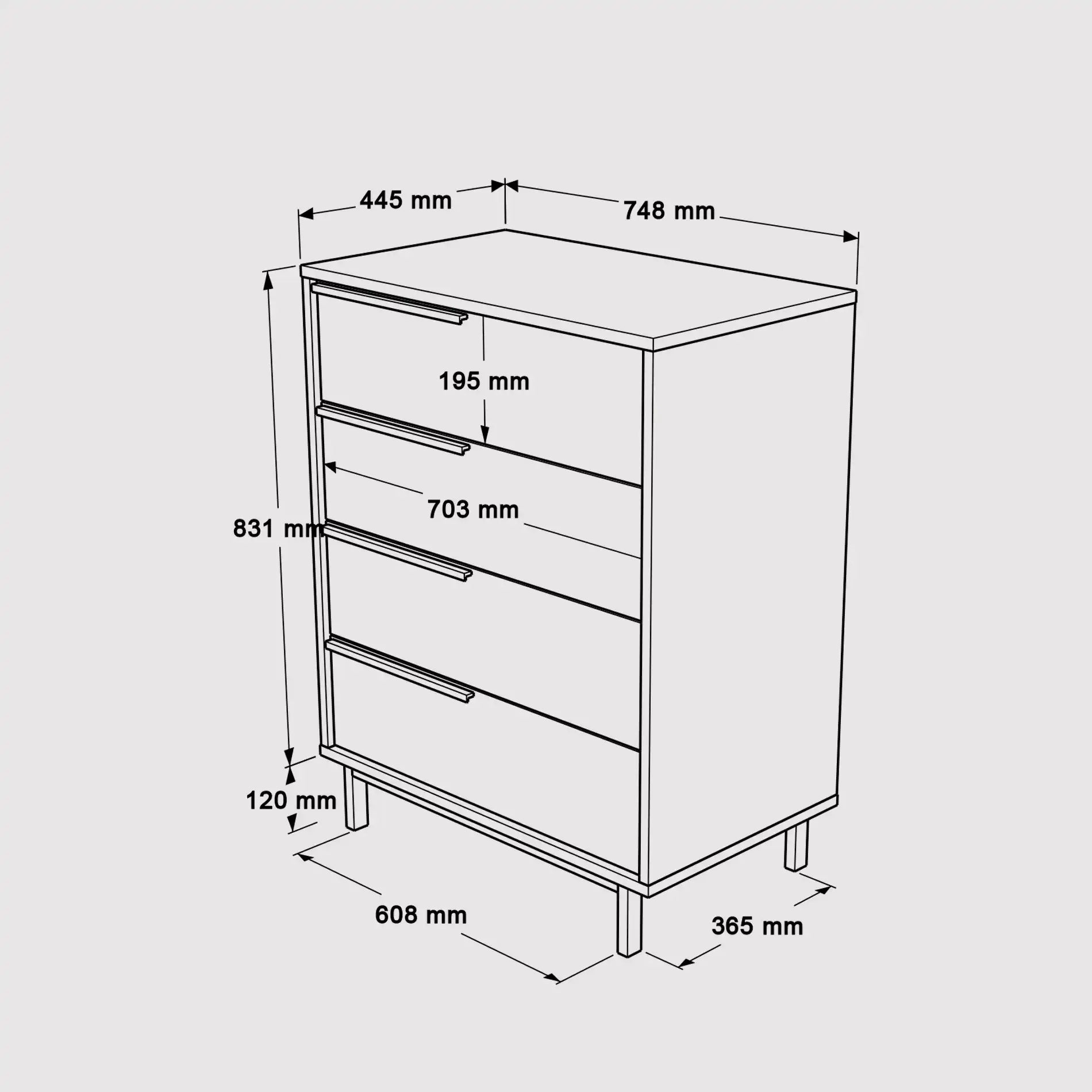 Maguey - Cassettiera moderna marrone con 4 cassetti