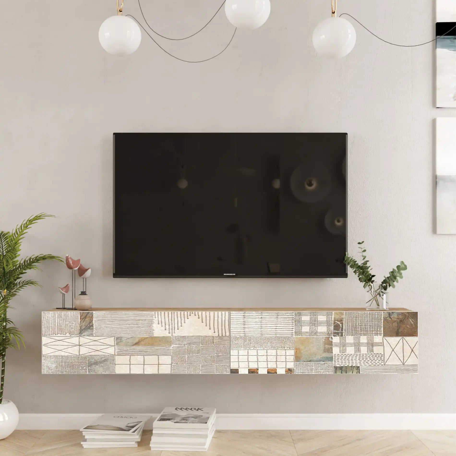 Kasuri - Mobile TV sospeso moderno con 2 ante decorate