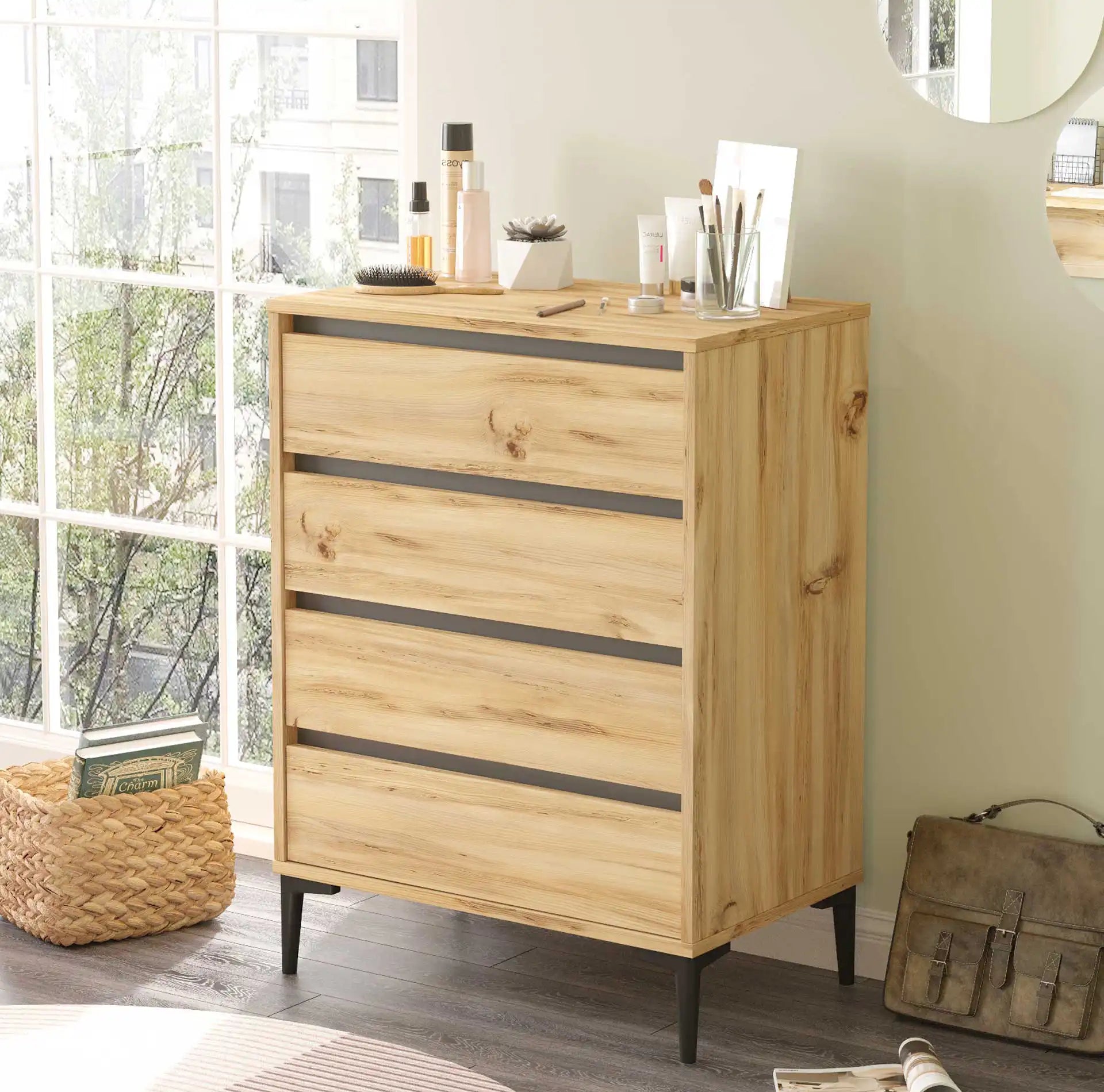 Yarala - Cassettiera stile scandinavo marrone chiaro con 4 cassetti