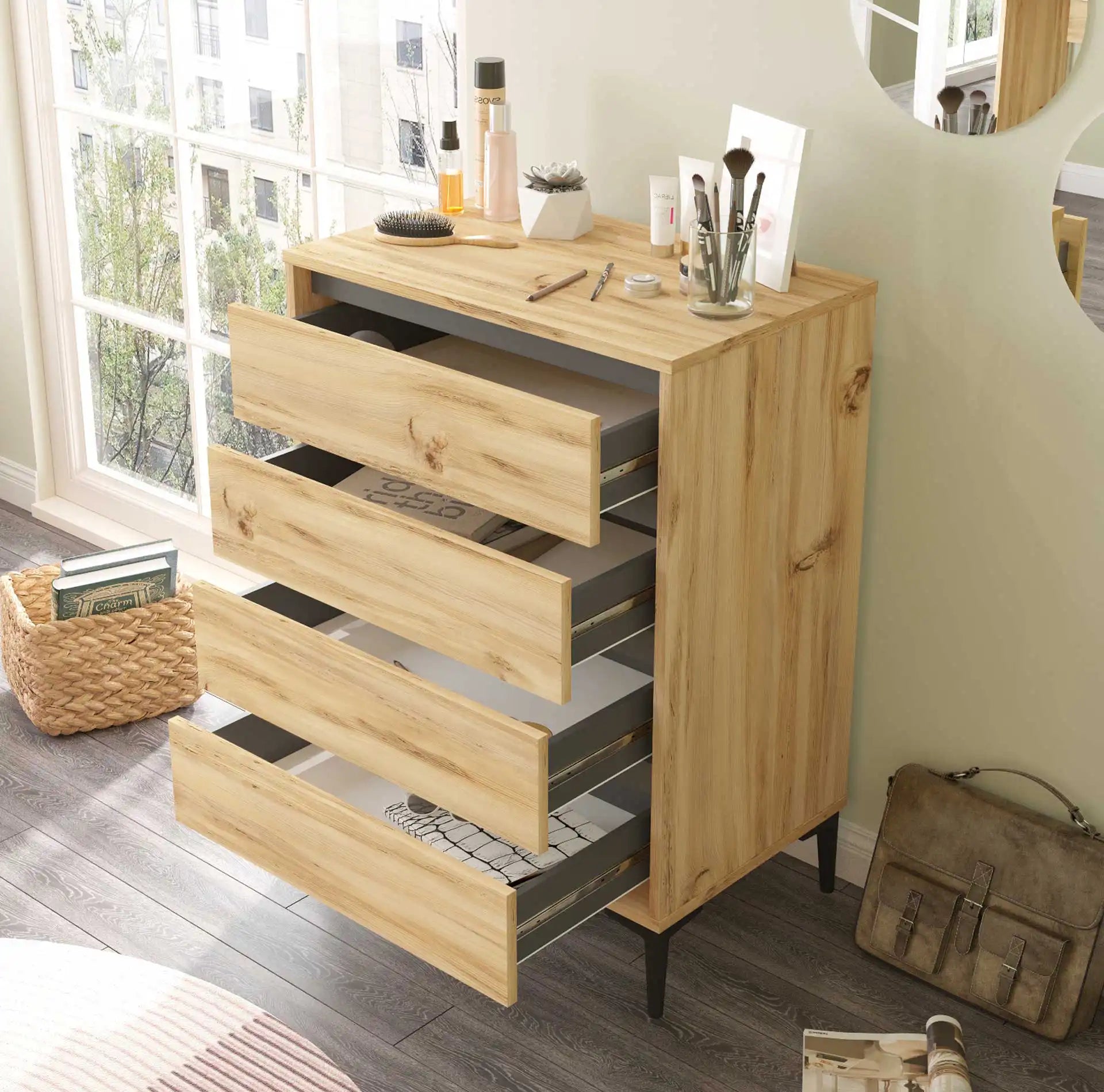 Yarala - Cassettiera stile scandinavo marrone chiaro con 4 cassetti