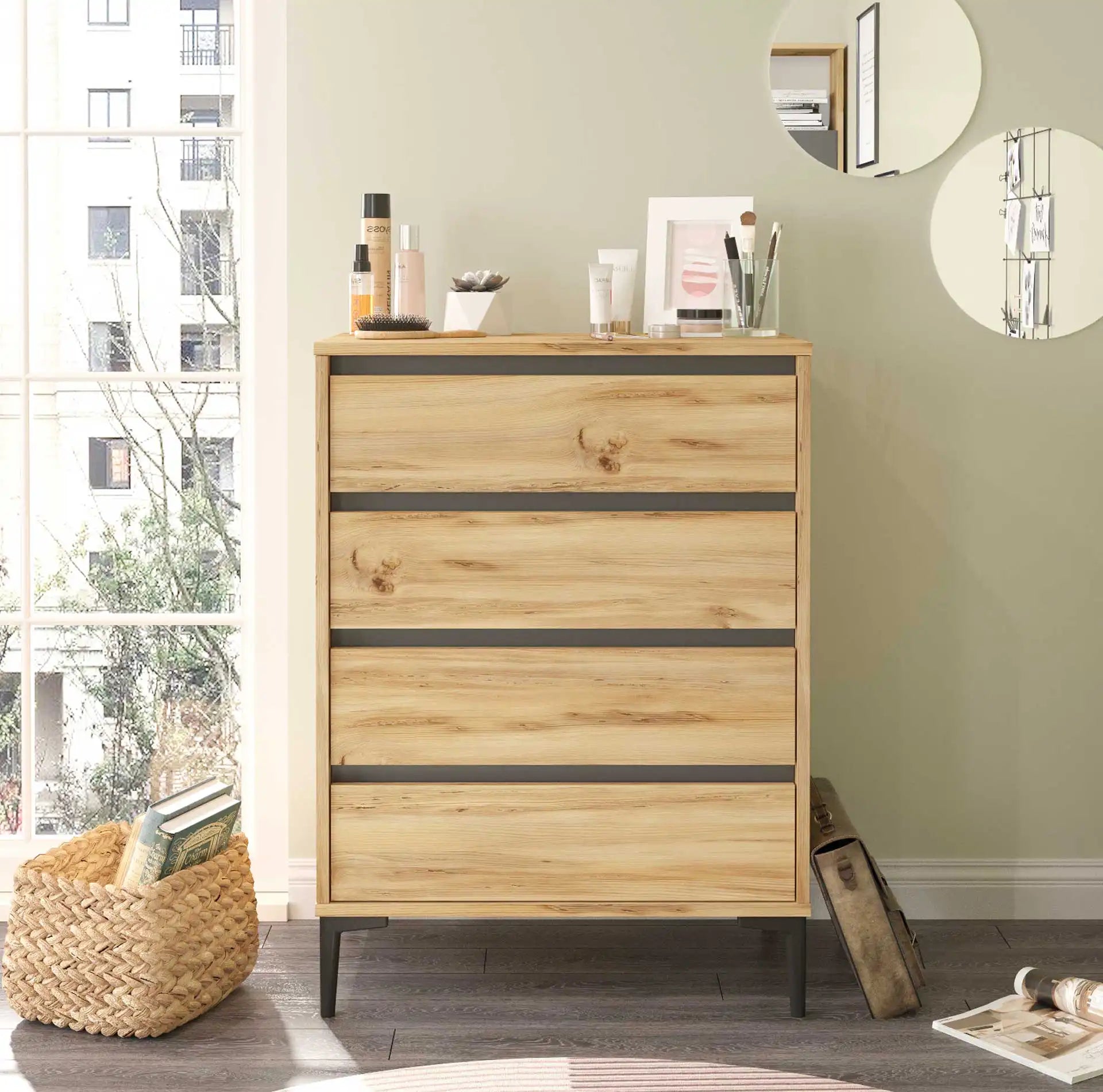 Yarala - Cassettiera stile scandinavo marrone chiaro con 4 cassetti