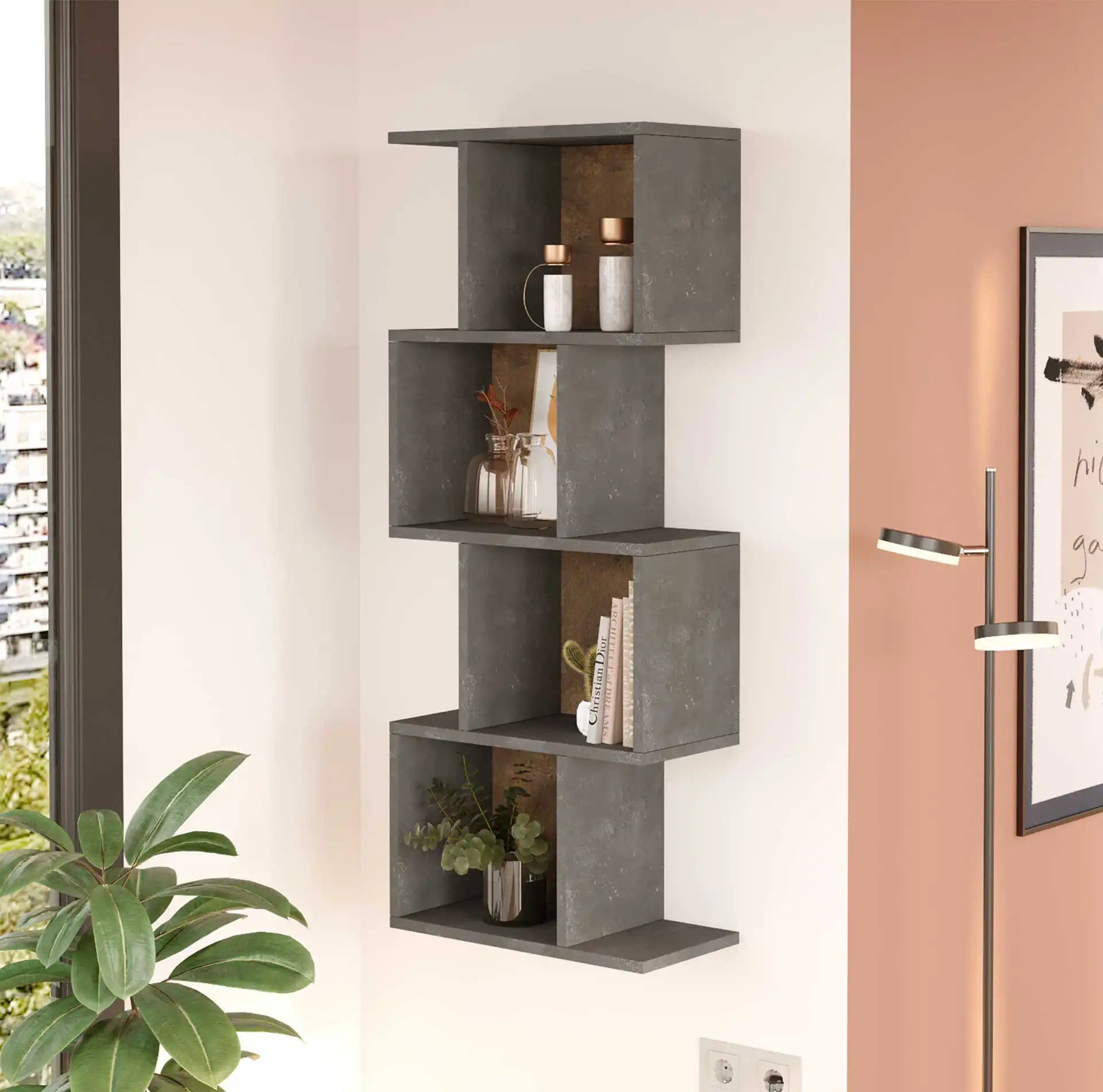 Halleria - Libreria pensile grigio effetto cemento con 4 vani