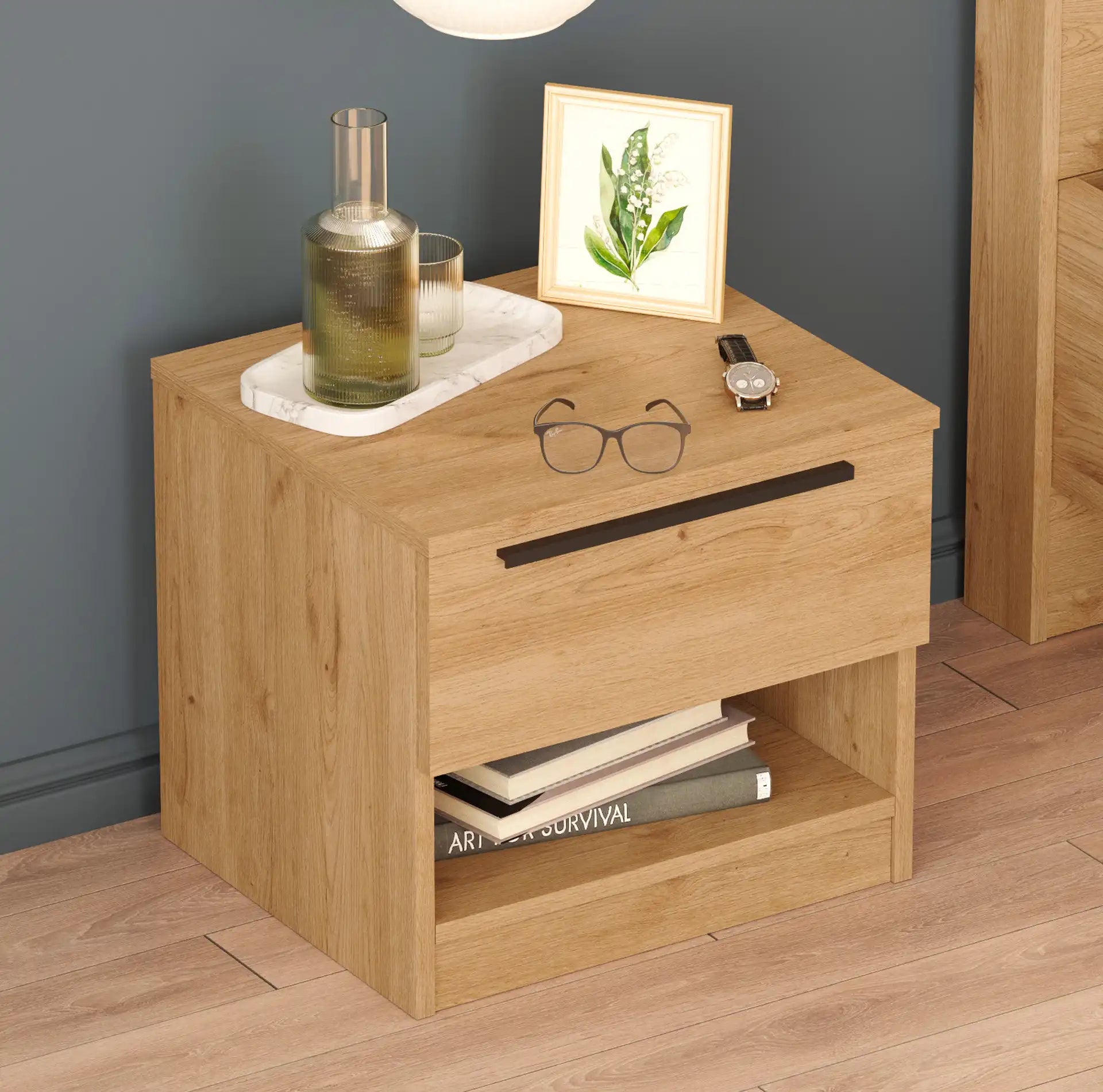 Helba - Comodino basso scandinavo con 1 cassetto