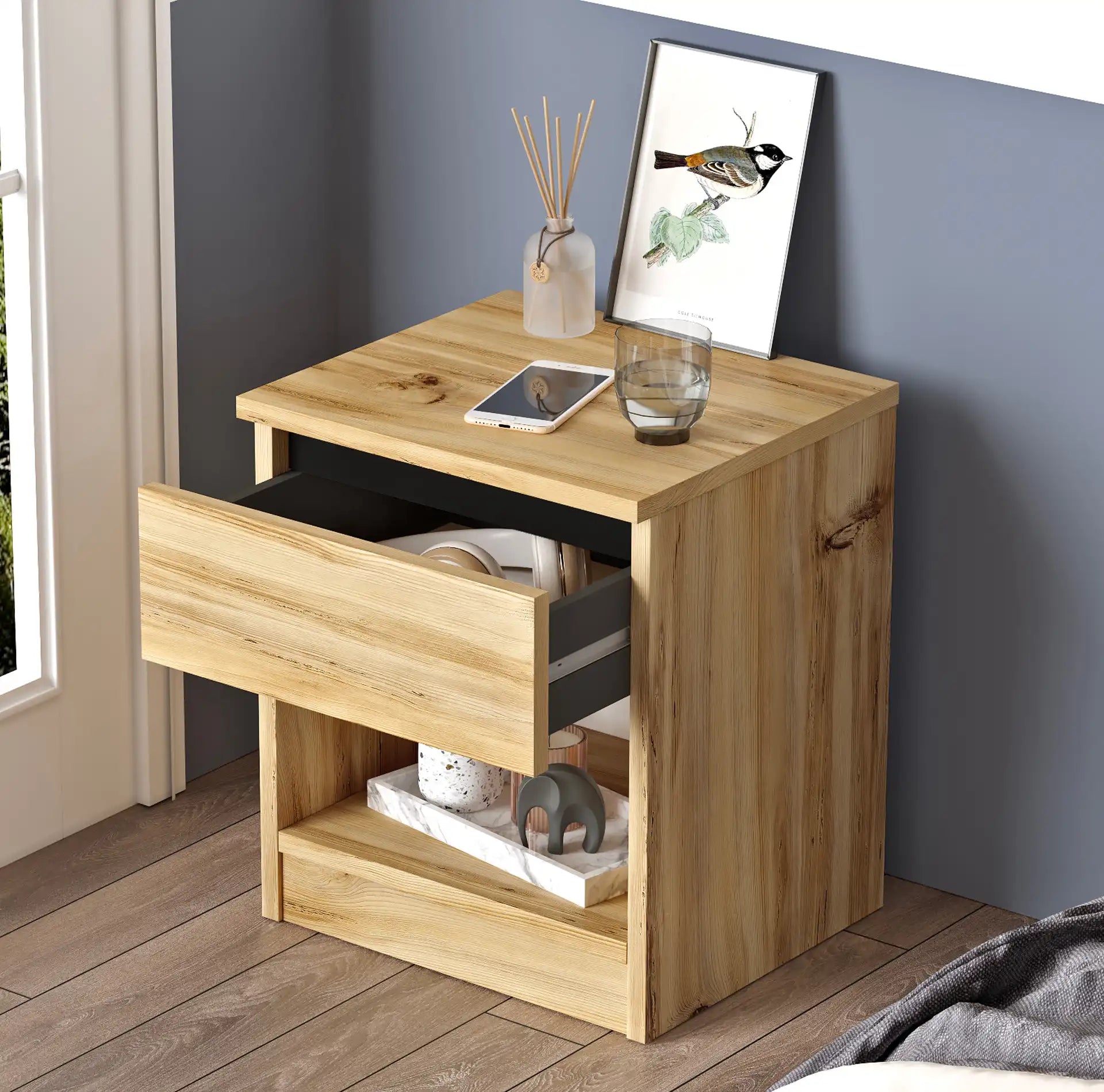 Marzeh - Comodino moderno color rovere chiaro con 1 cassetto