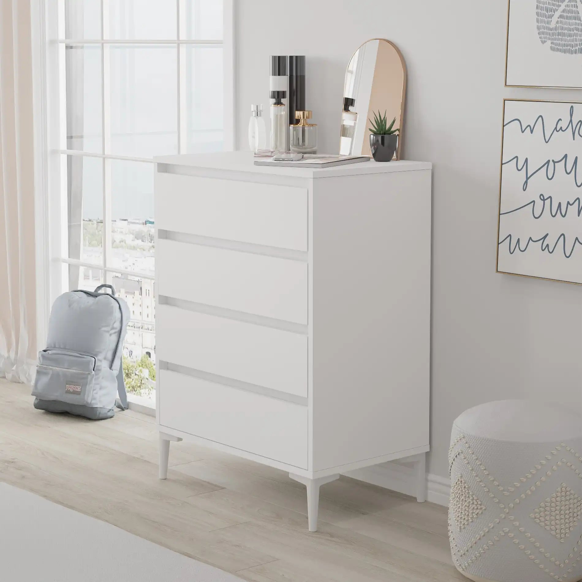 Kemiri - Cassettiera scandinava bianca con 4 cassetti