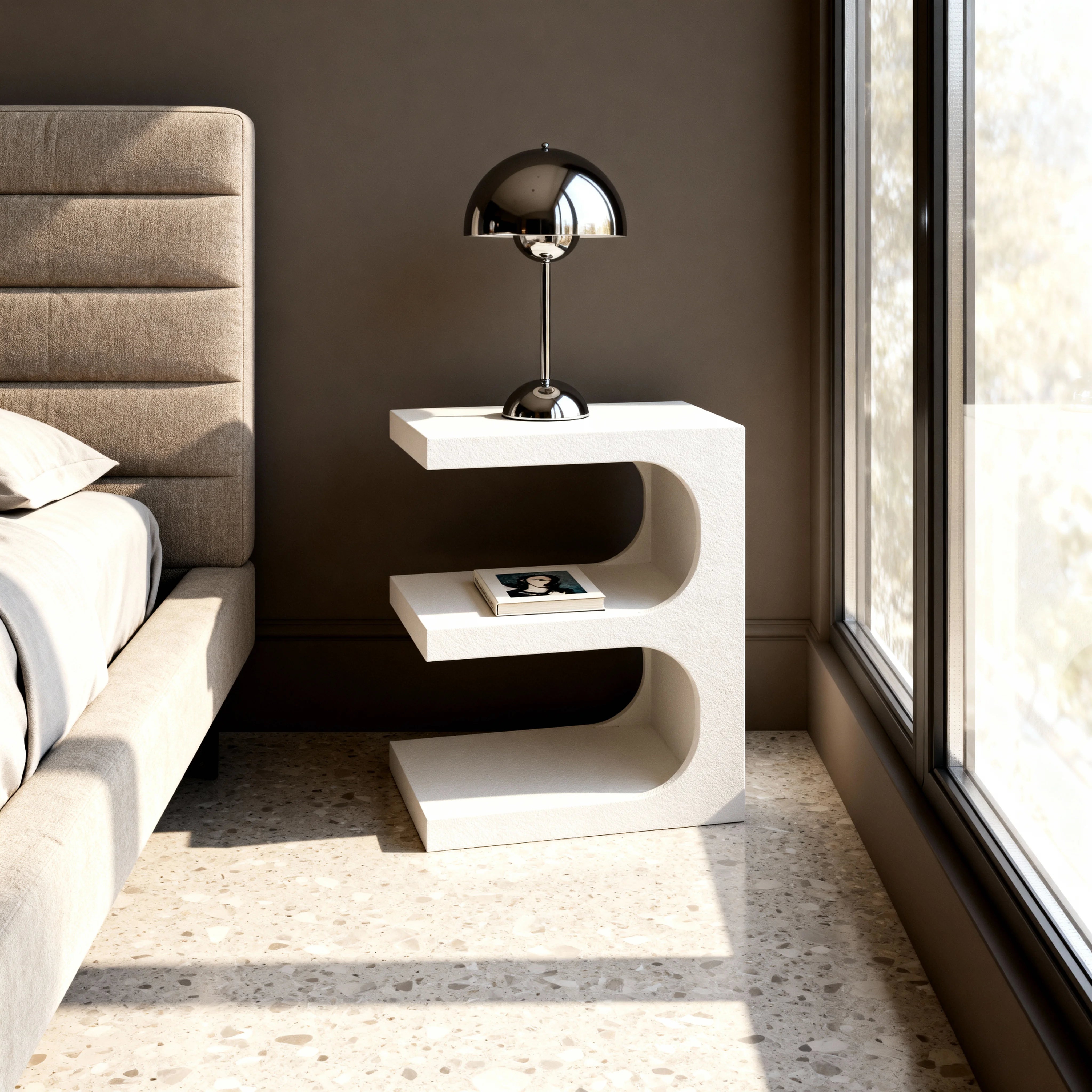 Anemaria – Mesita de Noche Moderna en MDF Blanco con 2 Estantes