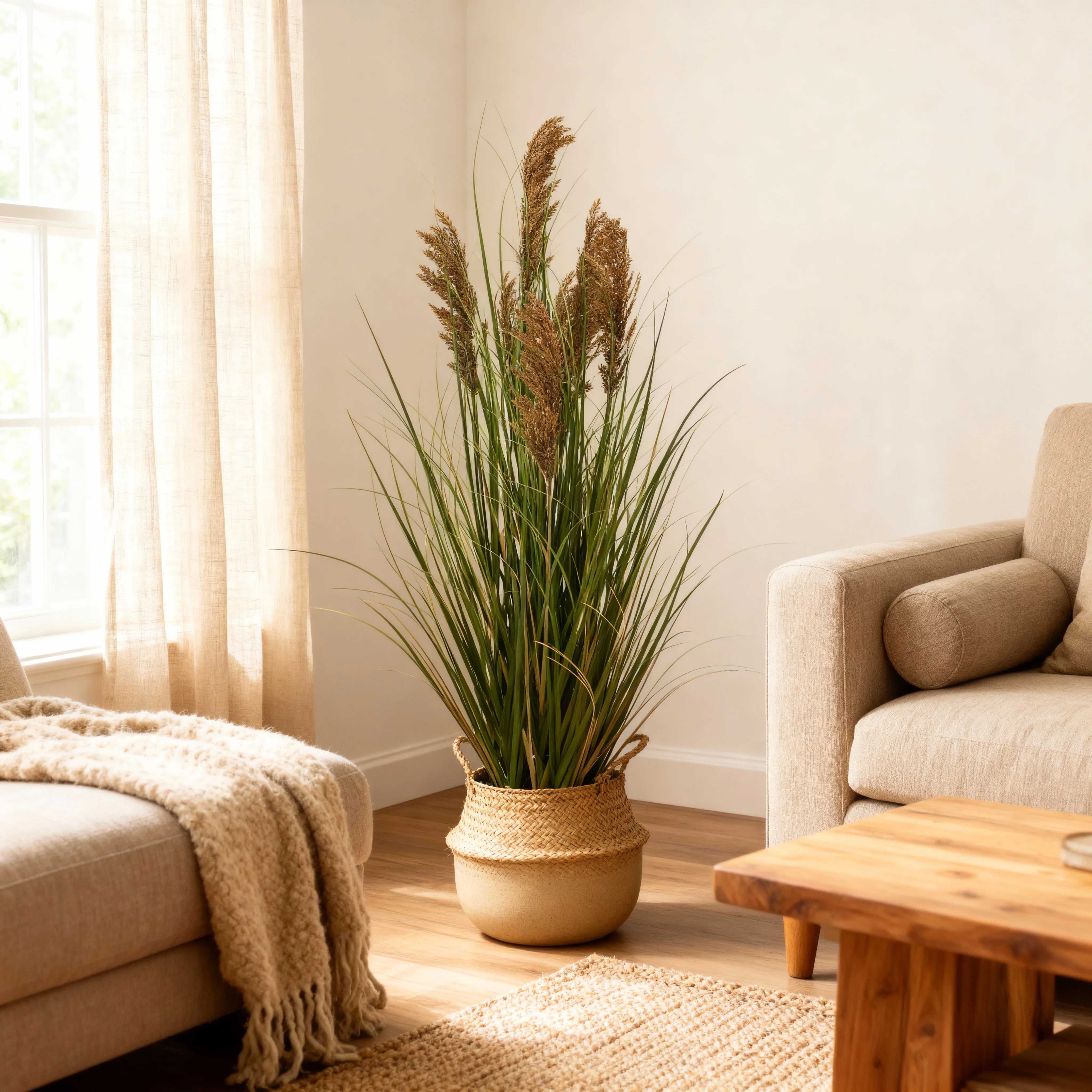 Ravok - Künstliche Pampasgras Pflanze Cortaderia aus PVC & PE mit Metallstiel und Zementbasis, Grün und Braun