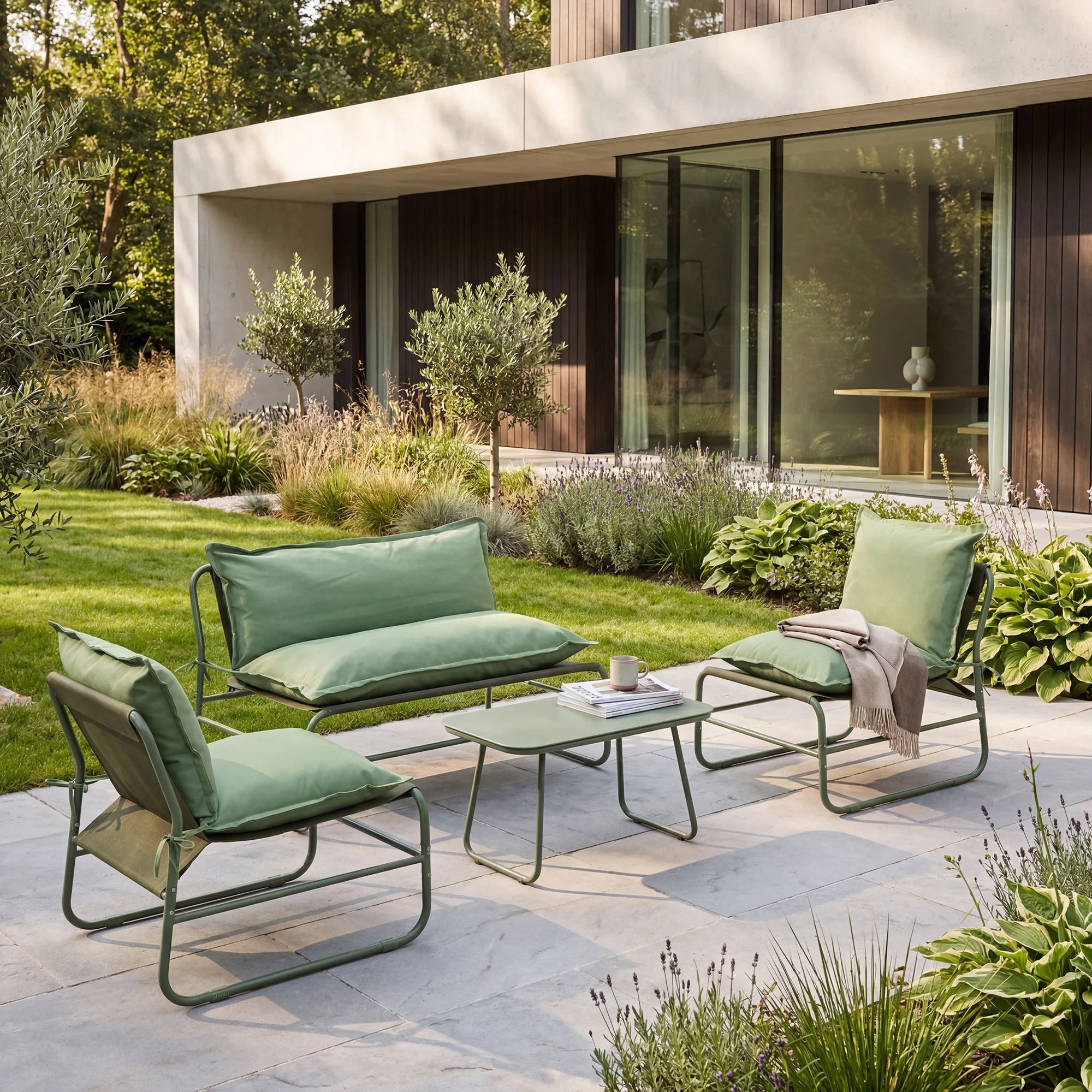 Leran - 4-Sitzer Garten-Lounge-Set mit grünem GlastischLeran - 4-Sitzer Garten-Lounge-Set mit grünem Glastisch