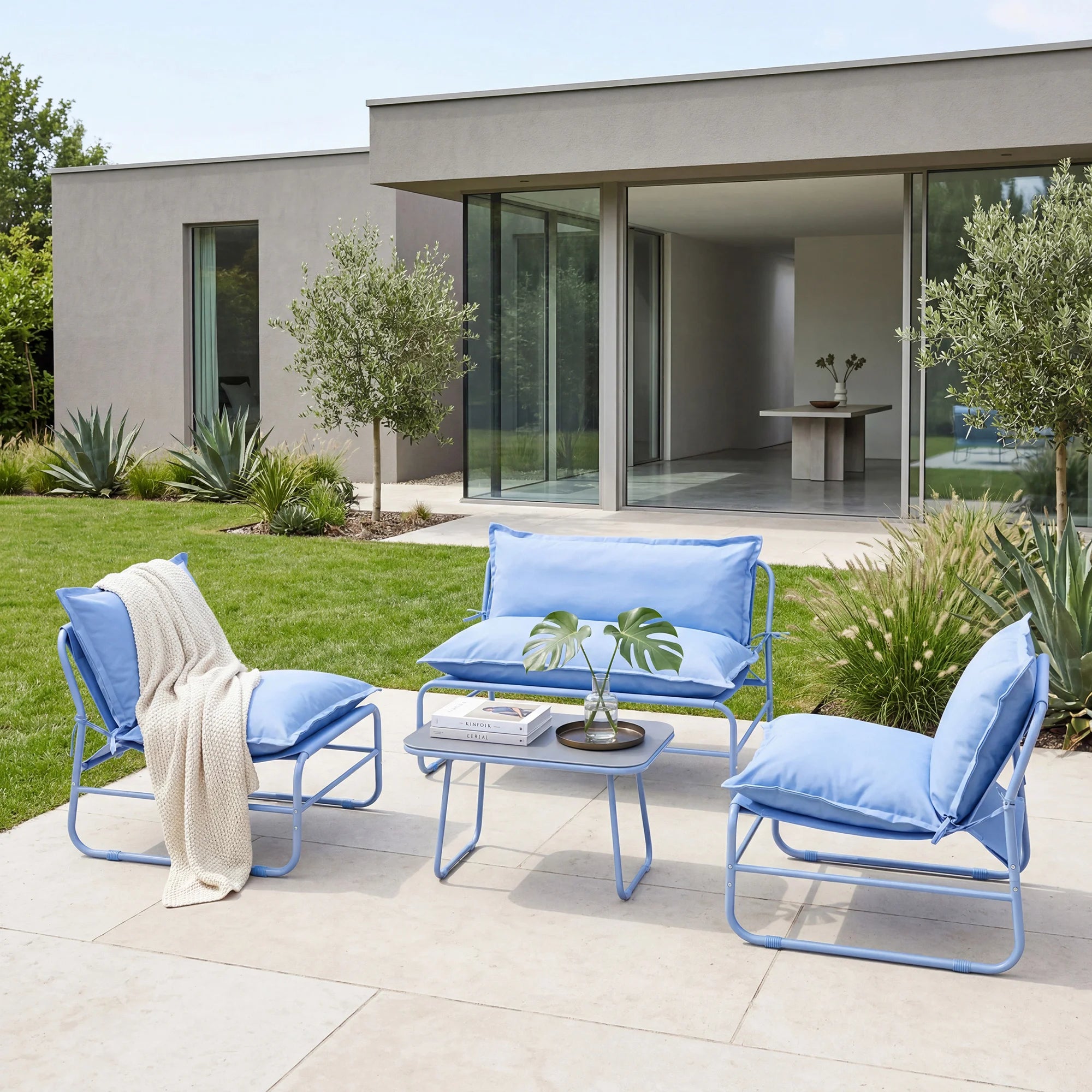 Avoren - 4-Sitzer Garten-Lounge-Set mit blauem Sofa