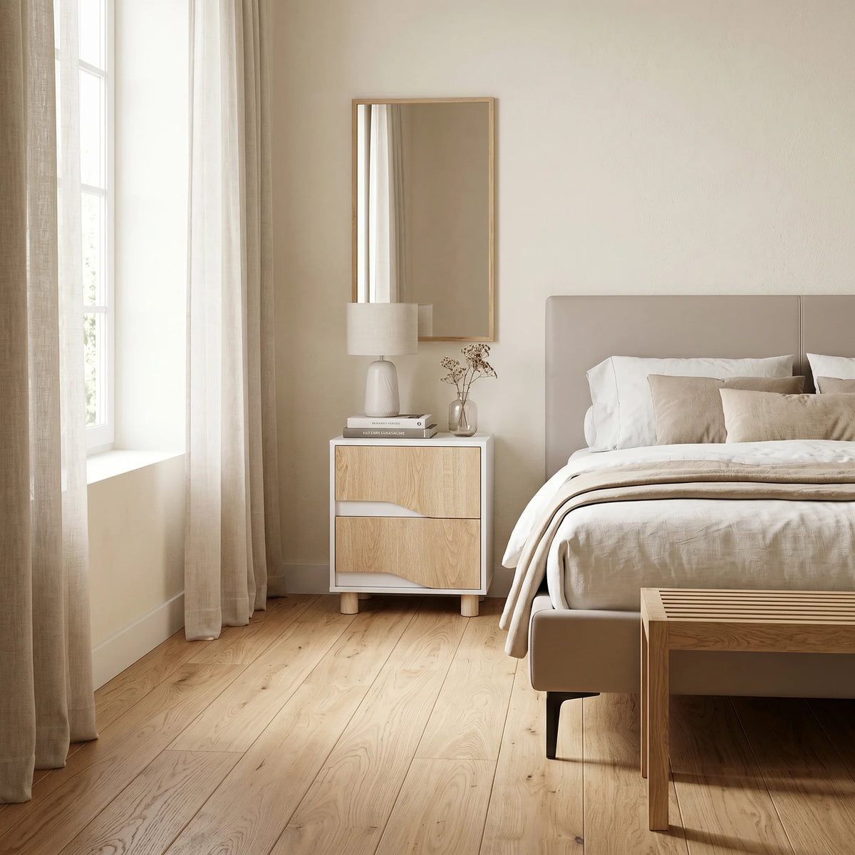 Eiden - 2-Drawer Bedside Table, White and Brown, Modern Style
