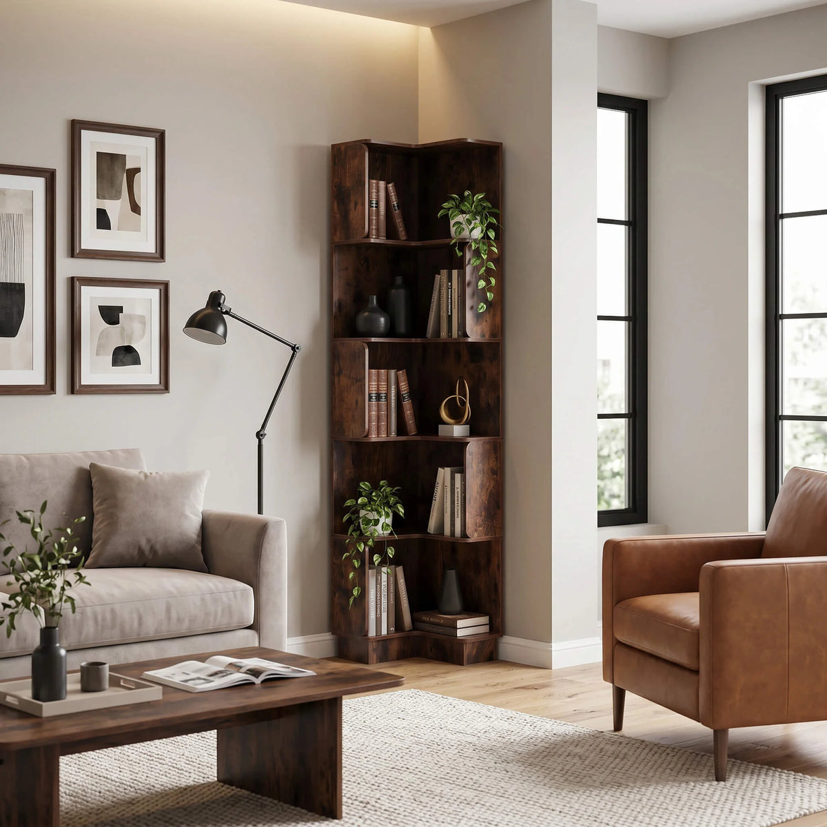 Doren - Bücherregal mit 6 Ablagen, dunkles Holz