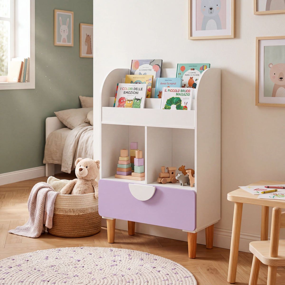 Mirea -Libreria per bambini in MDF bianco e viola