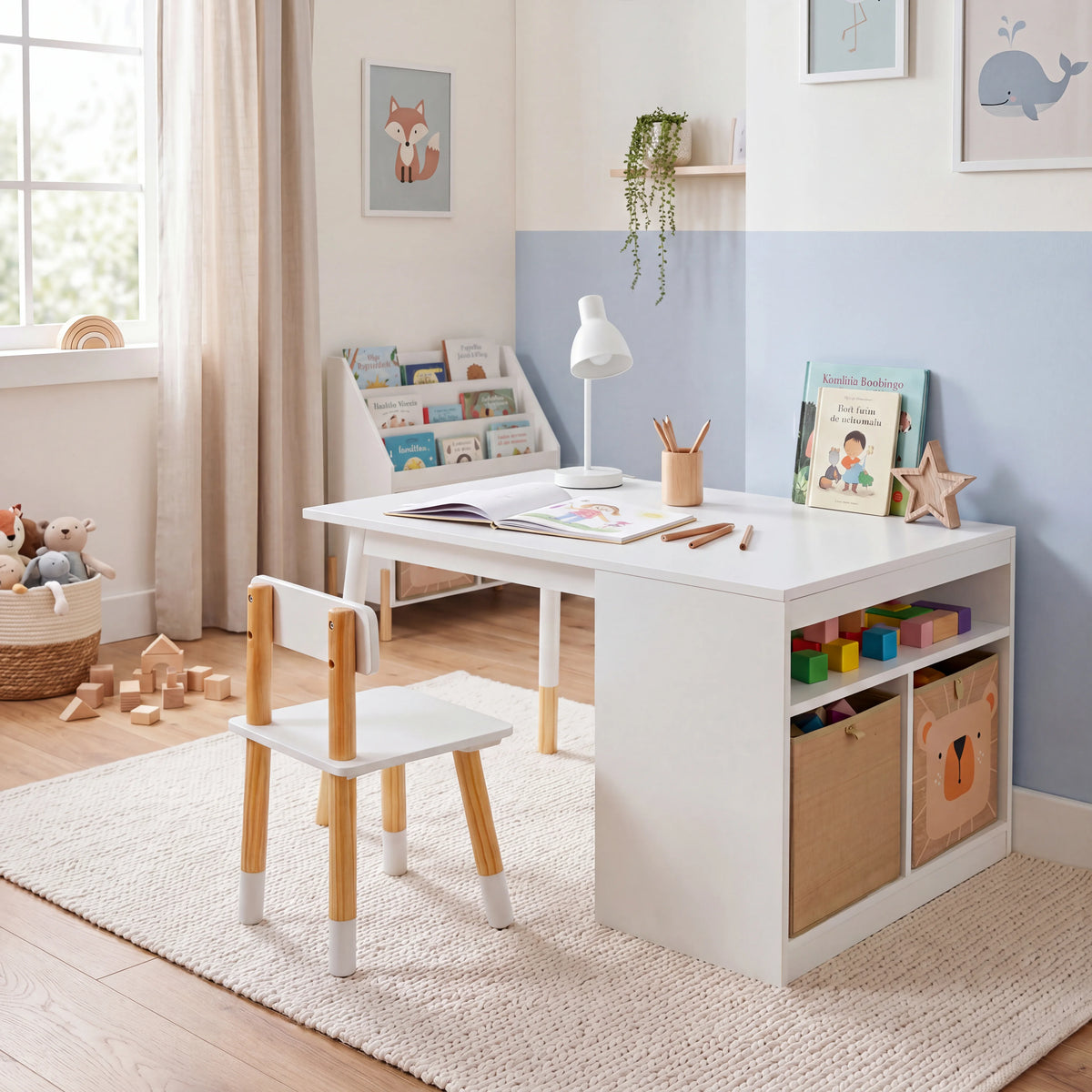 Lino - Tavolo e sedia per bambini con ceste colore bianco