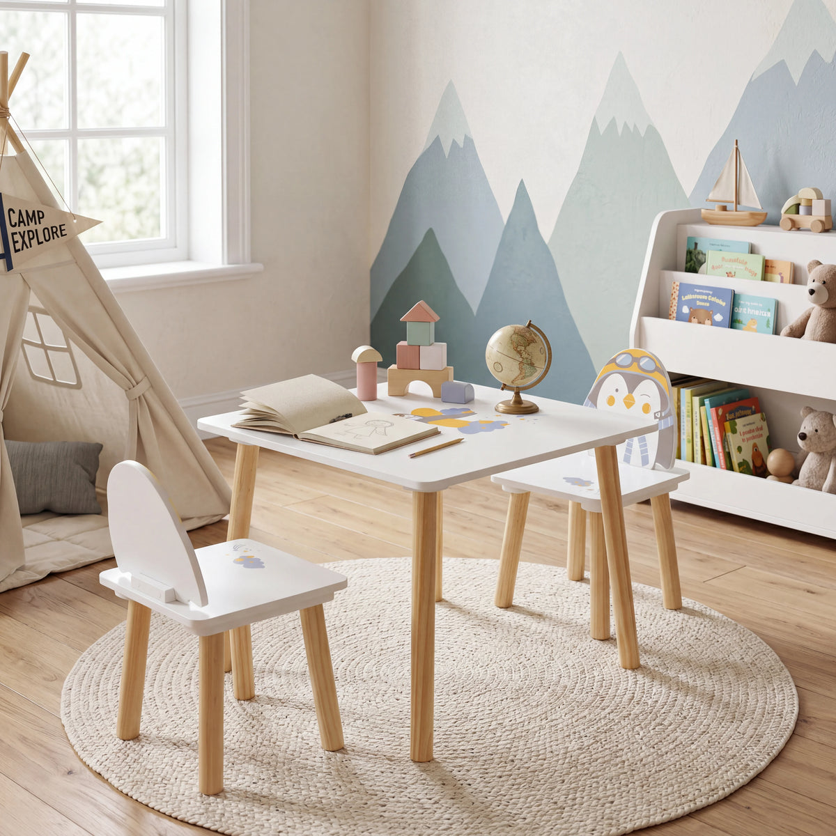 Piko - Tavolo e 2 sedie per bambini con disegno pinguino colore bianco
