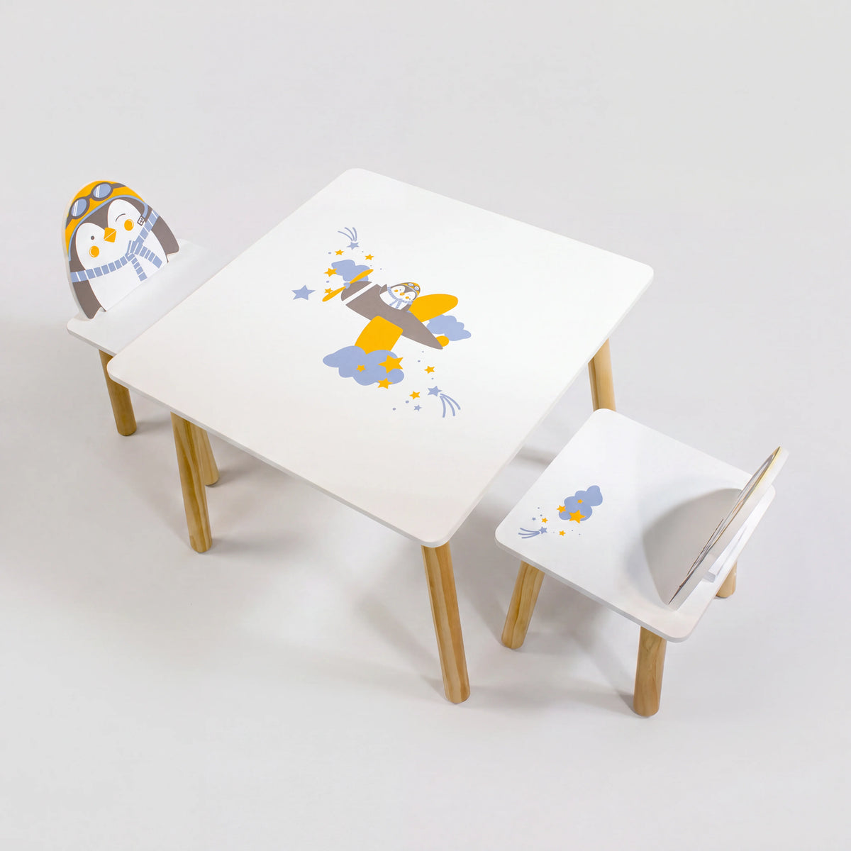 Piko - Tavolo e 2 sedie per bambini con disegno pinguino colore bianco