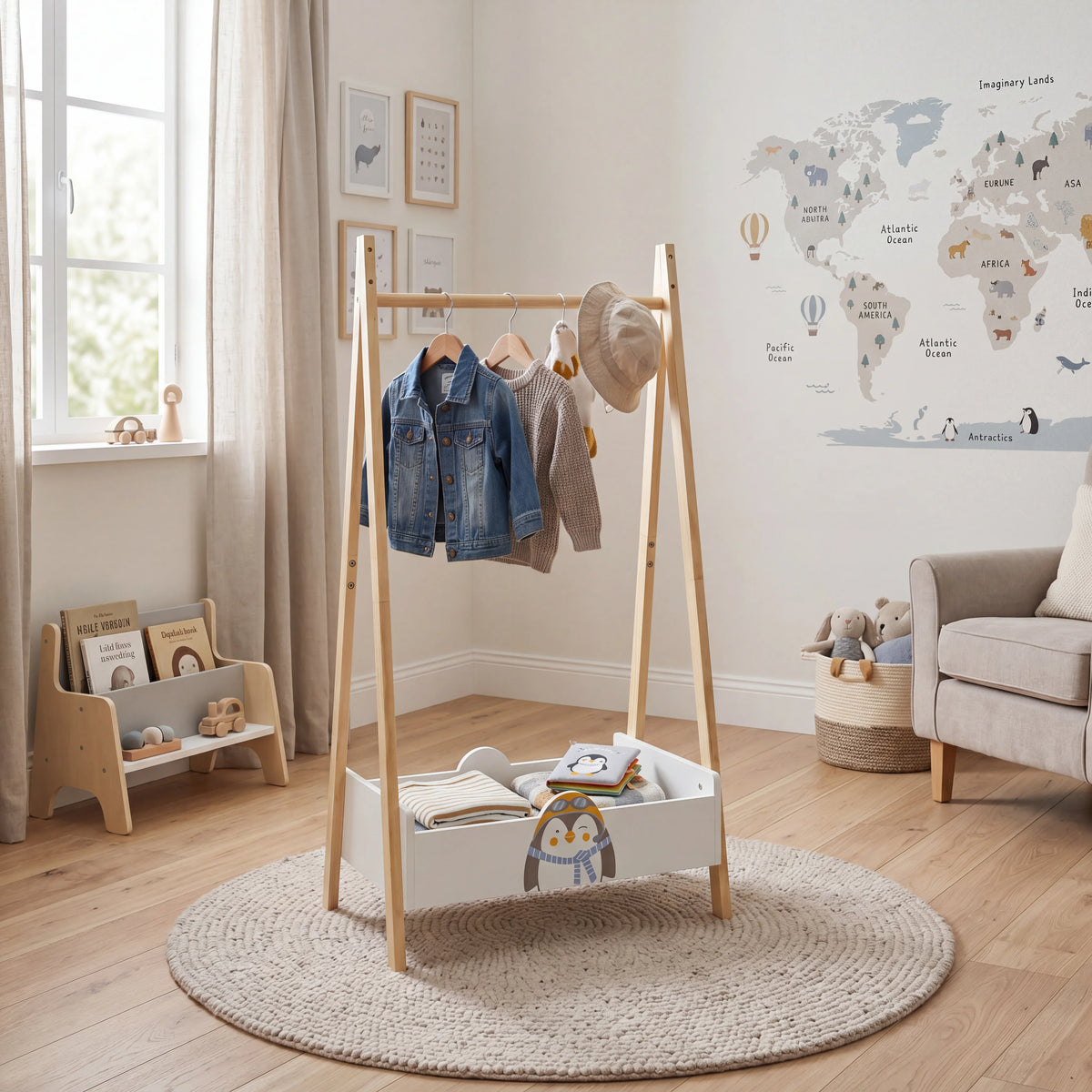 Nuki - Appendiabiti per bambini con ripiano bianco e legno chiaro