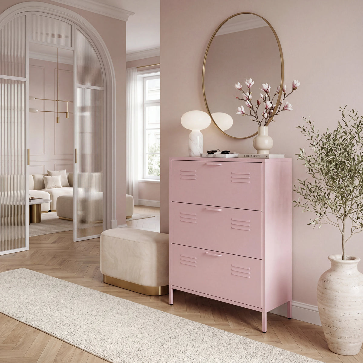 Ronja - Meuble à chaussures à 3 portes, acier rose