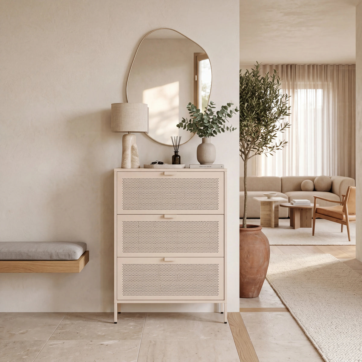 Nomi - Meuble à chaussures à 3 portes, acier beige