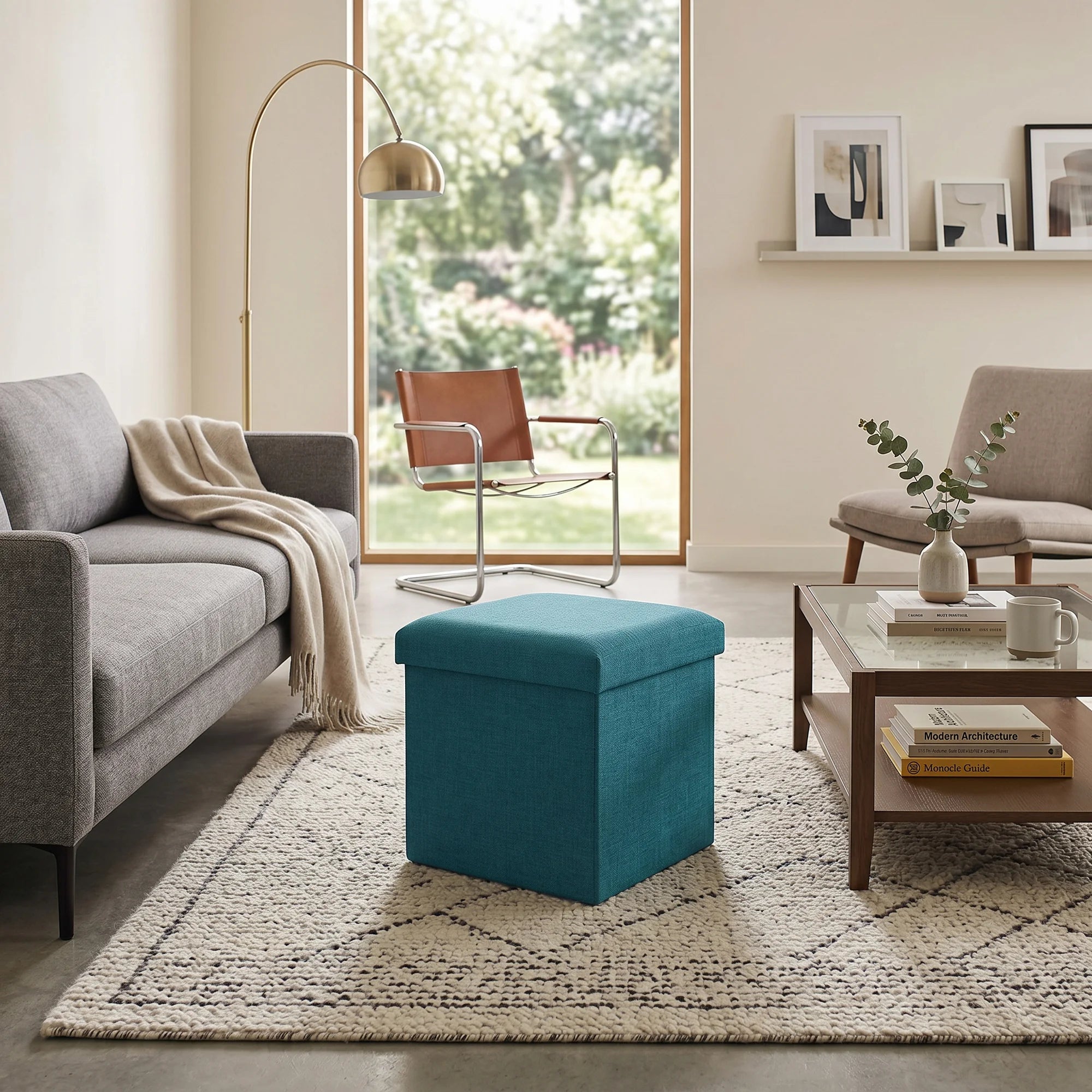 Lentisco - Pouf portaoggetti a cubo azzurro turchese pieghevole