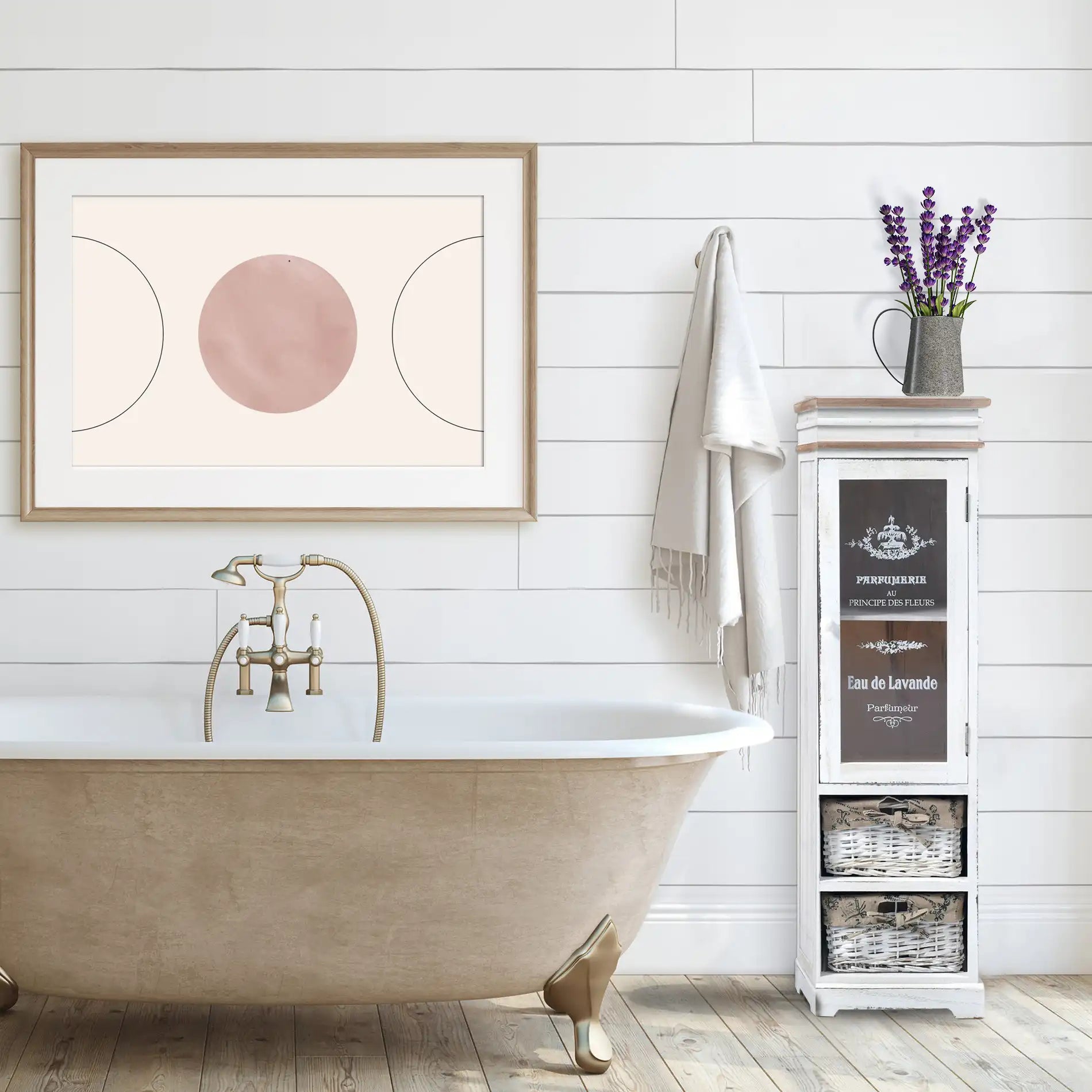 Lavanda - Vetrinetta shabby decorata con scritte con 1 anta e 2 cestini