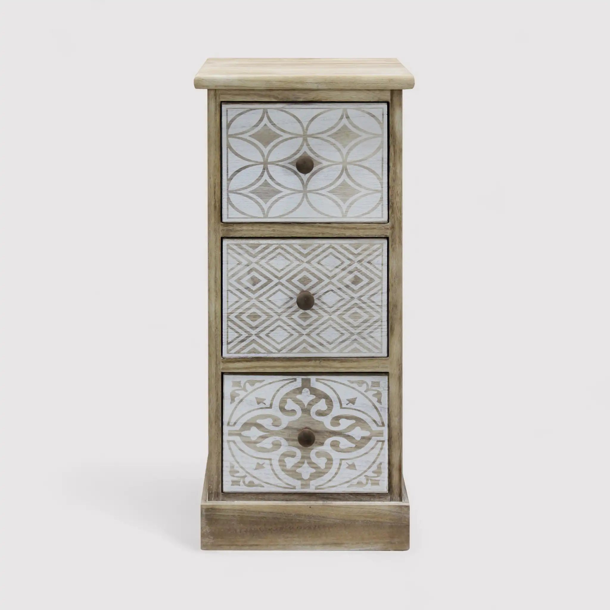 Plumeria - Comodino alto bianco in legno con 3 cassetti