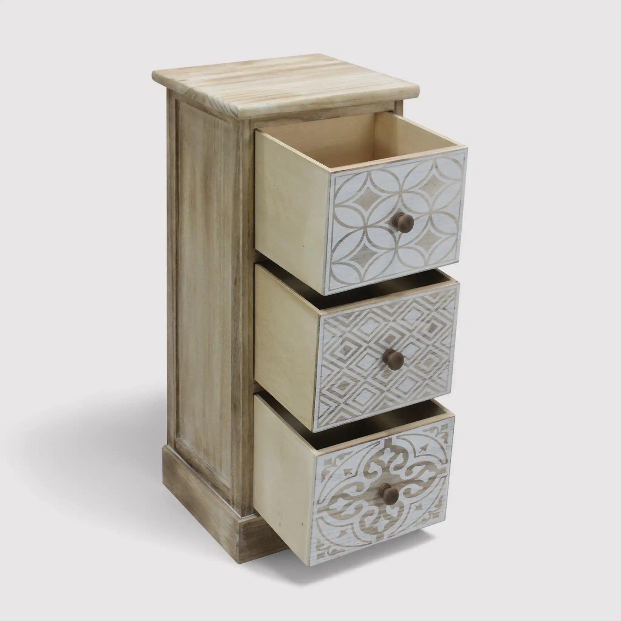 Plumeria - Comodino alto bianco in legno con 3 cassetti