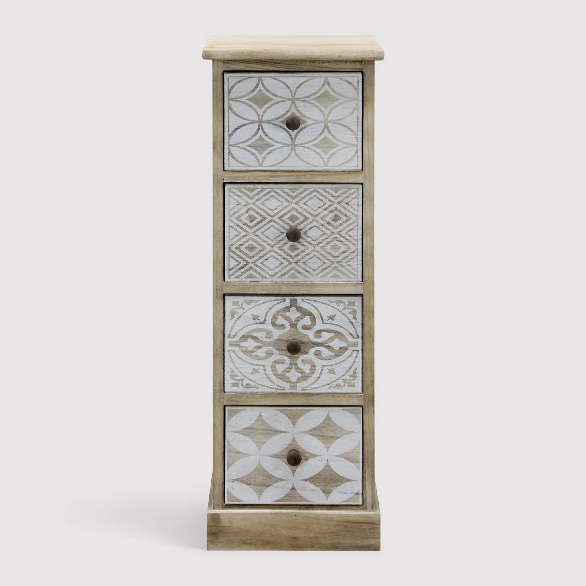 Commode en bois blanc avec 4 tiroirs décorés
