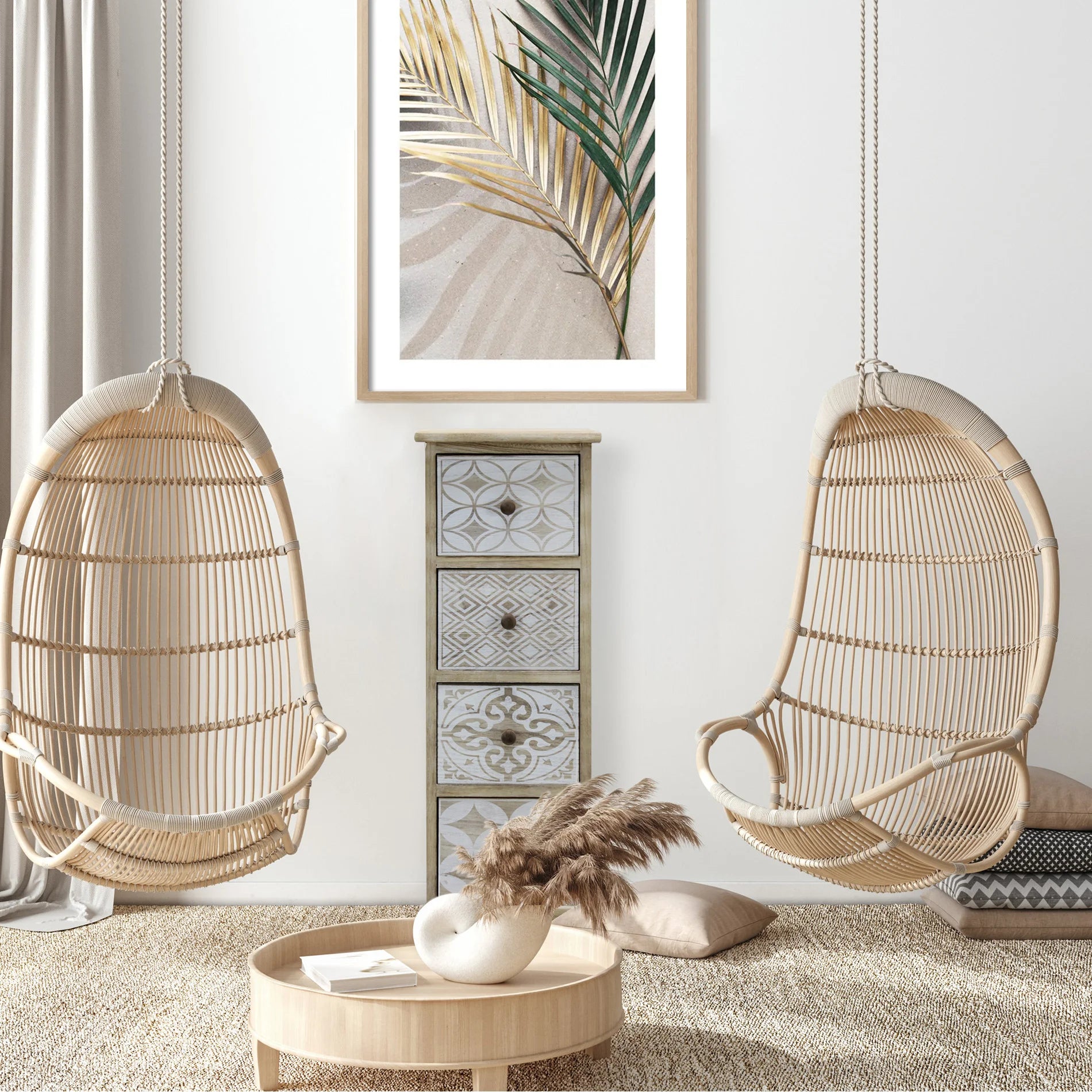 Monstera - Cassettiera bianca in legno con 4 cassetti decorati