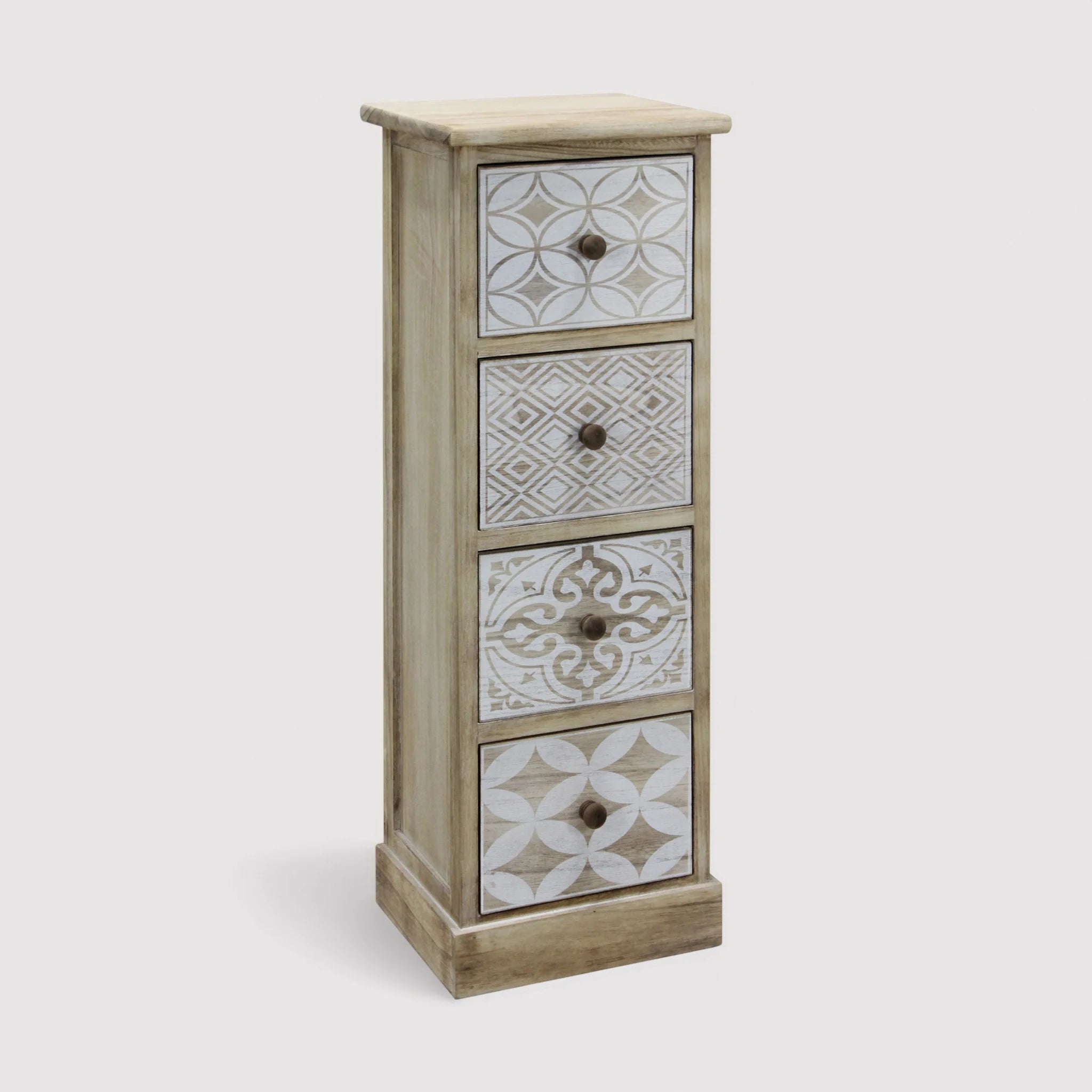 Monstera - Cassettiera bianca in legno con 4 cassetti decorati